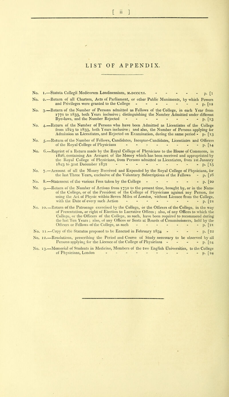 LIST OF APPENDIX. No. 1.—Statuta Collegii Medicorum Londinensium, m.dcccxi. - - - - ■■ p. [i No. 2.—Return of all Charters, Acts of Parliament, or other Public Muniments, by which Powers and Privileges were granted to the College - - - - - - -p. [i2 No. 3 Return of the Number of Persons admitted as Fellows of the College, in each Year from 1771 to 1833, both Years inclusive; distinguishing the Number Admitted under different Bye-laws, and the Number Rejected - - - - - - - P-LiS No. 4.—Return of the Number of Persons who have been Admitted as Licentiates of the College from 1823 to 1833, both Years inclusive; and also, the Number of Persons applying for Admission as Licentiates, and Rejected on Examination, during the same period - p* [13 No. 5.—Return of the Number of Fellows, Candidates, Inceptor-Candidates, Licentiates and Officers of the Royal College of Physicians - -.--_--p. [14 Reprint of a Return made by the Royal College of Physicians to the House of Commons, in 1826, containing An Account of the Money which has been received and appropriated by the Royal College of Physicians, from Persons admitted as Licentiates, from 1st January 1823 to 31st December 1832 - -- ....-.p, [15 Account of all the Money Received and Expended by the Royal College of Physicians, for the last Three Years, exclusive of the Voluntary Subscriptions of the Fellows - p. [16 No. 8.—Statement of the various Fees taken by the College ------ p. [20 9.—Return of the Number of Actions from 17.50 to the present time, brought by, or in the Name of the College, or of the President of the College of Physicians against any Person, for using the Art of Physic within Seven Miles of London, without Licence from the College, with the Date of every such Action - - - - - - - -p. [21 10.—Return of the Patronage exercised by the College, dr the Officers of the College, in the way of Presentation, or right of Election to Lucrative Offices ; also, of any Offices to which the College, or the Officers of the College, as such, have been required to recommend during the last Ten Years ; also, of any Offices or Seats at Boards of Commissioners, held by the Officers or Fellovvs of the College, as such - - - - - - -p. [21 No. 11.—Copy of the Statutes proposed to be Enacted in February 1834 • ‘ ■ * P- [22 No. 12.—Resolutions, prescribing the Period and Course of Study necessary to be observed by all Persons applying for the Licence of the College of Physicians - - -  ?• [24 No. 13.—Memorial of Students in Medicine, Members of the two English Universities, to the College of Physicians, London - - - - - - - - - -p. [24 No. No. No. 6.— No. 7.—
