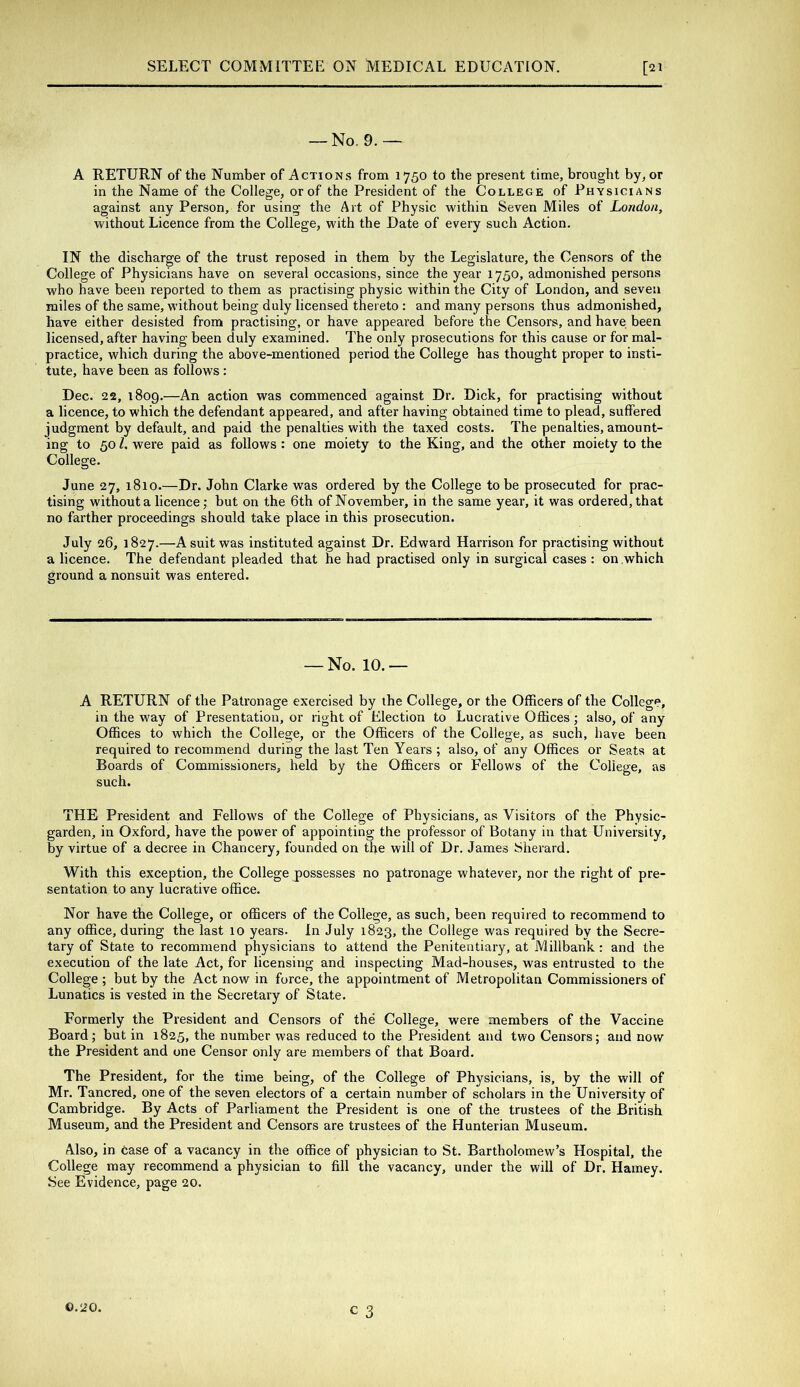 — No. 9. — A RETURN of the Number of Actions from 1750 to the present time, brought by, or in the Name of the College, or of the President of the College of Physicians against any Person, for using the Art of Physic within Seven Miles of London, without Licence from the College, with the Date of every such Action. IN the discharge of the trust reposed in them by the Legislature, the Censors of the College of Physicians have on several occasions, since the year 1750, admonished persons who have been reported to them as practising physic within the City of London, and seven miles of the same, without being duly licensed thereto : and many persons thus admonished, have either desisted from practising, or have appeared before the Censors, and have been licensed, after having been duly examined. The only prosecutions for this cause or for mal- practice, which during the above-mentioned period the College has thought proper to insti- tute, have been as follows : Dec. 22, 1809.—An action was commenced against Dr. Dick, for practising without a licence, to which the defendant appeared, and after having obtained time to plead, suffered judgment by default, and paid the penalties with the taxed costs. The penalties, amount- ing to 50 L were paid as follows: one moiety to the King, and the other moiety to the College. June 27, 1810.—Dr. John Clarke was ordered by the College to be prosecuted for prac- tising without a licence; but on the 6th of November, in the same year, it was ordered, that no farther proceedings should take place in this prosecution. July 26, 1827.—A suit was instituted against Dr. Edward Harrison for practising without a licence. The defendant pleaded that he had practised only in surgical cases : on which ground a nonsuit was entered. — No. 10.— A RETURN of the Patronage exercised by the College, or the Officers of the College, in the way of Presentation, or right of Election to Lucrative Offices; also, of any Offices to which the College, or the Officers of the College, as such, have been required to recommend during the last Ten Years ; also, of any Offices or Seats at Boards of Commissioners, held by the Officers or Fellows of the College, as such. THE President and Fellows of the College of Physicians, as Visitors of the Physic- garden, in Oxford, have the power of appointing the professor of Botany in that University, by virtue of a decree in Chancery, founded on tfie will of Dr. James Sherard. With this exception, the College possesses no patronage whatever, nor the right of pre- sentation to any lucrative office. Nor have the College, or officers of the College, as such, been required to recommend to any office, during the last 10 years. In July 1823, the College was required by the Secre- tary of State to recommend physicians to attend the Penitentiary, at Millbank: and the execution of the late Act, for licensing and inspecting Mad-houses, was entrusted to the College ; but by the Act now in force, the appointment of Metropolitan Commissioners of Lunatics is vested in the Secretary of State. Formerly the President and Censors of the College, were members of the Vaccine Board; but in 1825, the number was reduced to the President and two Censors; and now the President and one Censor only are members of that Board. The President, for the time being, of the College of Physicians, is, by the will of Mr. Tancred, one of the seven electors of a certain number of scholars in the University of Cambridge. By Acts of Parliament the President is one of the trustees of the British Museum, and the President and Censors are trustees of the Hunterian Museum. Also, in case of a vacancy in the office of physician to St. Bartholomew’s Hospital, the College may recommend a physician to fill the vacancy, under the will of Dr. Harney. See Evidence, page 20. 0.20.