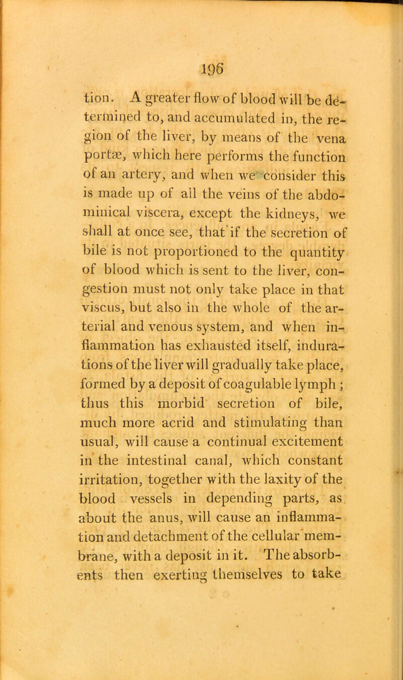 tion. A greater flow of blood will be de- termined to, and accumulated in, the re- gion of the liver, by means of the vena portm, which here performs the function of an artery, and when we consider this is made up of all the veins of the abdo- minical viscera, except the kidneys, we shall at once see, that if the secretion of bile is not proportioned to the quantity of blood which is sent to the liver, con- gestion must not only take place in that viscus, but also in the whole of the ar- terial and venous system, and when in-i flammation has exhausted itself, indura- tions of the liver will gradually take place, formed by a deposit ofcoagulable lymph ; thus this morbid secretion of bile, much more acrid and stimulating than usual, will cause a continual excitement in the intestinal canal, which constant irritation, together with the laxity of the blood vessels in depending parts, as about the anus, will cause an inflamma- tion and detachment of the cellular'mem- brane, with a deposit in it. The absorb- ents then exerting themselves to take