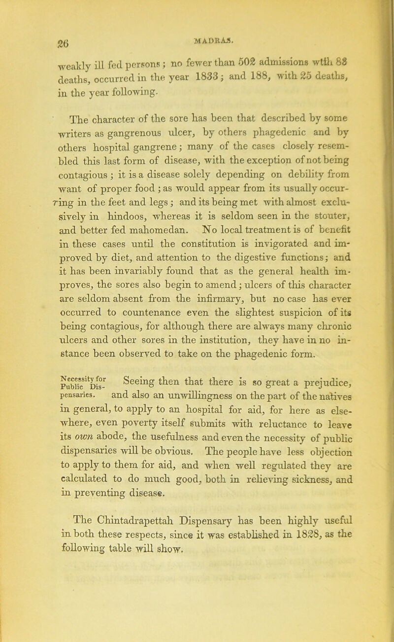 MADllA.1. wealdy ill fed persons; no fewer than 502 admissions wltii 88 deaths, occurred in the year 1833 j and 188, with 25 deaths, in the year following. The character of the sore has been that described by some writers as gangrenous ulcer, by others phagedenic and by others hospital gangrene; many of the cases closely resem- bled this last form of disease, with the exception of not being contagious ; it is a disease solely depending on debdity from want of proper food ; as would appear from its usually occur- ring in the feet and legs; and its being met with almost exclu- sively in hindoos, whereas it is seldom seen in the stouter, and better fed mahomedan. No local treatment is of benefit in these cases until the constitution is invigorated and im- proved by diet, and attention to the digestive functions; and it has been invariably found that as the general health im- proves, the sores also begin to amend; ulcers of this character are seldom absent from the infirmary, but no case has ever occurred to countenance even the slightest suspicion of its being contagious, for although there are always many chronic ulcers and other sores in the institution, they have in no in- stance been observed to take on the phagedenic form. PubUc* Dis- Seeing then that there is so great a prejudice, pensaries. and also an unwillingness on the part of the natives in general, to apply to an hospital for aid, for here as else- where, even poverty itself submits with reluctance to leave its own abode, the usefulness and even the necessity of public dispensaries will be obvious. The people have less objection to apply to them for aid, and when well regidated they are calculated to do much good, both in relie'\dng sickness, and in preventing disease. The Chintadrapettah Dispensary has been highly useful in both these respects, since it was established in 1828, as the following table will show.