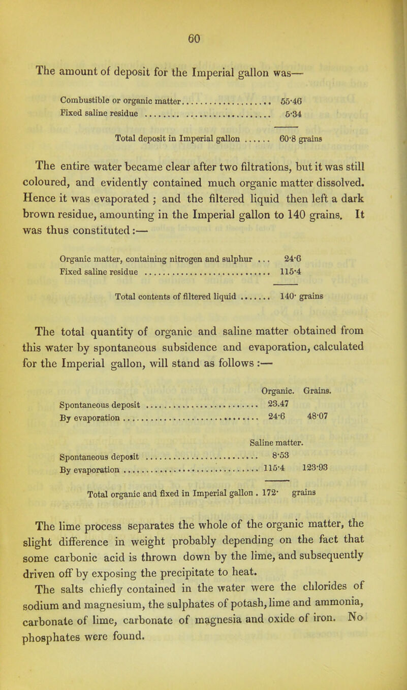 The amount of deposit for the Imperial gallon was— Combustible or organic matter 65-46 Fixed saline residue 6-34 Total deposit in Imperial gallon 60-8 grains The entire water became clear after tw'o filtrations, but it was still coloured, and evidently contained much organic matter dissolved. Hence it was evaporated ; and the filtered liquid then left a dark brown residue, amounting in the Imperial gallon to 140 grains. It was thus constituted:— Organic matter, containing nitrogen and sulphur ... 24-6 Fixed saline residue 115*4 Total contents of filtered liquid 140- grains The total quantity of organic and saline matter obtained from this water by spontaneous subsidence and evaporation, calculated for the Imperial gallon, will stand as follows :— Organic. Grains. Spontaneous deposit 23.47 By evaporation 24-6 48-07 Saline matter. Spontaneous deposit 8*53 By evaporation 116-4 123*93 Total organic and fixed in Imperial gallon . 172- grains The lime process separates the whole of the organic matter, the slight difference in weight probably depending on the fact that some carbonic acid is thrown down by the lime, and subsequently driven off by exposing the precipitate to heat. The salts chieffy contained in the water were the chlorides of sodium and magnesium, the sulphates of potash, lime and ammonia, carbonate of lime, carbonate of magnesia and oxide of iron. No phosphates were found.