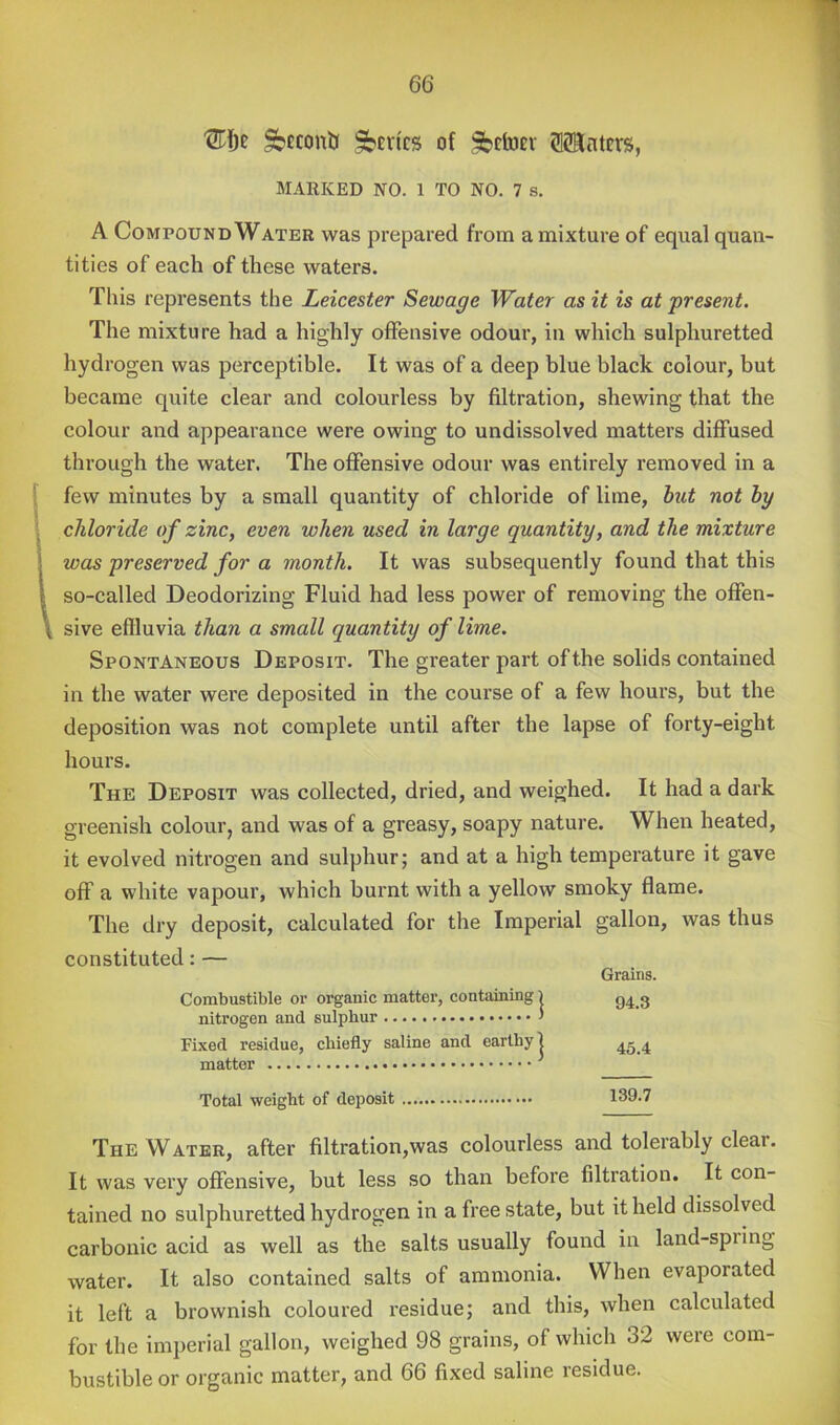 ^cconU levies of ^betoev S23lntm, MARKED NO. 1 TO NO. 7 s. A Compound Water was prepared from a mixture of equal quan- tities of each of these waters. This represents the Leicester Sewage Water as it is at present. The mixture had a highly offensive odour, in which sulphuretted hydrogen was perceptible. It was of a deep blue black colour, but became quite clear and colourless by filtration, shewing that the colour and appearance were owing to undissolved matters diffused through the water. The offensive odour was entirely removed in a I few minutes by a small quantity of chloride of lime, hut not hy 1 chloride of zinc, even when used in large quantity, and the mixture 1 was preserved for a month. It was subsequently found that this i so-called Deodorizing Fluid had less power of removing the offen- \ sive effluvia than a small quantity of lime. Spontaneous Deposit. The greater part of the solids contained in the water wei'e deposited in the course of a few hours, but the deposition was not complete until after the lapse of forty-eight hours. The Deposit was collected, dried, and weighed. It had a dark greenish colour, and was of a greasy, soapy nature. When heated, it evolved nitrogen and sulphur; and at a high temperature it gave off a white vapour, which burnt with a yellow smoky flame. The dry deposit, calculated for the Imperial gallon, was thus constituted: — Grains. Combustible or organic matter, containing) g nitrogen and sulphur > Fixed residue, chiefly saline and earthy | matter Total weight of deposit 139.7 The Water, after filtration,was colourless and tolerably clear. It was very offensive, but less so than before filtration. It con- tained no sulphuretted hydrogen in a free state, but it held dissolved carbonic acid as well as the salts usually found in land-spring water. It also contained salts of ammonia. When evaporated it left a brownish coloured residue; and this, when calculated for the imjierial gallon, weighed 98 grains, of which 32 were com- bustible or organic matter, and 66 fixed saline residue.