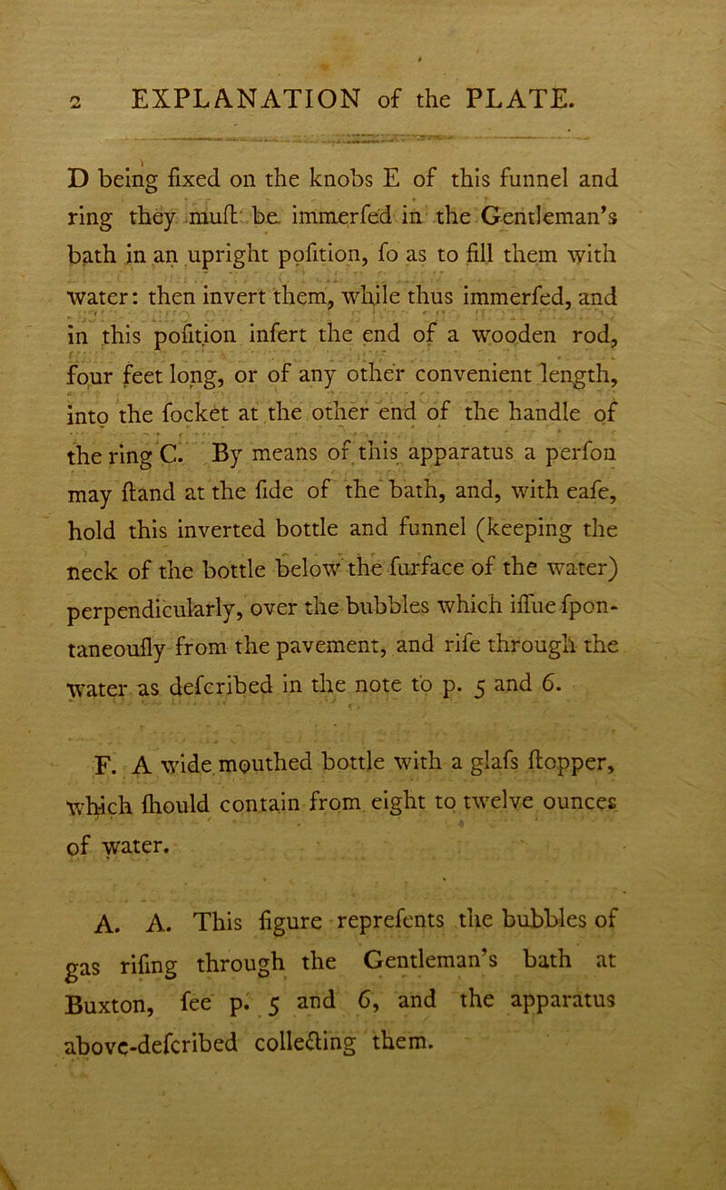 D being fixed on the knobs E of this funnel and ring they muff be immerfed in the Gentleman’s bath in an upright pofition, fo as to fill them with water: then invert them, while thus immerfed, and in this pofition infert the end of a wooden rod, four feet long, or of any other convenient length, into the focket at the other end of the handle of the ring C. By means of this apparatus a perfon may ftand at the fide of the bath, and, with eafe, hold this inverted bottle and funnel (keeping the neck of the bottle below the -fur-face of the water) perpendicularly, over the bubbles which ifiue fpon- taneoufly from the pavement, and rife through the water as defcribed in the note to p. 5 and 6. F. A wide mouthed bottle with a glafs hopper, which fhould contain from eight to twelve ounces of water. A. A. This figure reprefents the bubbles of gas rifing through the Gentleman’s bath at Buxton, fee p. 5 and 6, and the apparatus abovc-defcribed collecting them.