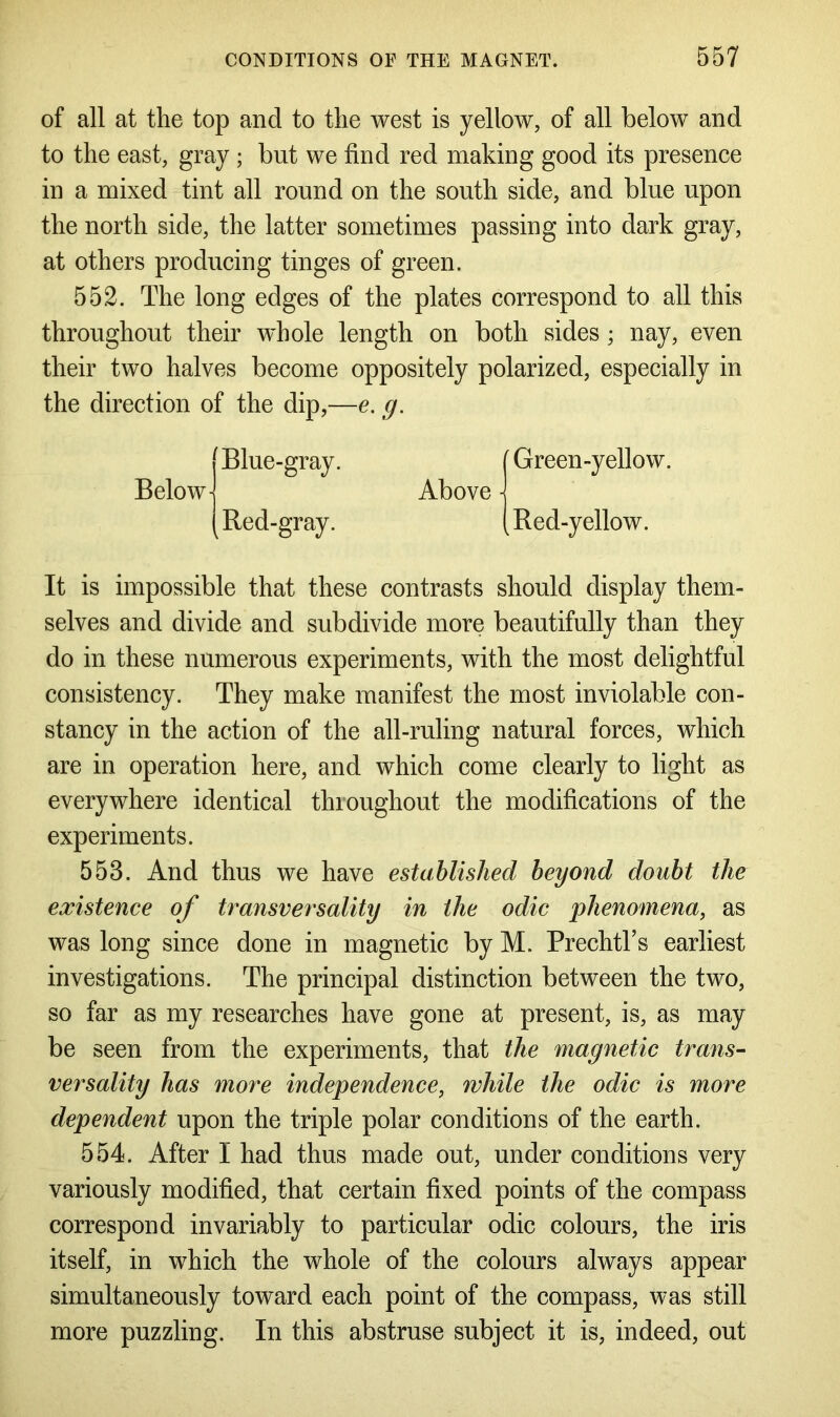 of all at the top and to the west is yellow, of all below and to the east, gray ; but we find red making good its presence in a mixed tint all round on the south side, and blue upon the north side, the latter sometimes passing into dark gray, at others producing tinges of green. 552. The long edges of the plates correspond to all this throughout their whole length on both sides; nay, even their two halves become oppositely polarized, especially in the direction of the dip,—e. g. Below Blue-gray. Red-gray. [ Green-yellow. Above \ (Red-yellow. It is impossible that these contrasts should display them- selves and divide and subdivide more beautifully than they do in these numerous experiments, with the most delightful consistency. They make manifest the most inviolable con- stancy in the action of the all-ruling natural forces, which are in operation here, and which come clearly to light as everywhere identical throughout the modifications of the experiments. 553. And thus we have established beyond doubt the existence of transversality in the odic phenomena, as was long since done in magnetic by M. Prechtl’s earliest investigations. The principal distinction between the two, so far as my researches have gone at present, is, as may be seen from the experiments, that the magnetic trans- versality has more independence, while the odic is more dependent upon the triple polar conditions of the earth. 554. After I had thus made out, under conditions very variously modified, that certain fixed points of the compass correspond invariably to particular odic colours, the iris itself, in which the whole of the colours always appear simultaneously toward each point of the compass, was still more puzzling. In this abstruse subject it is, indeed, out