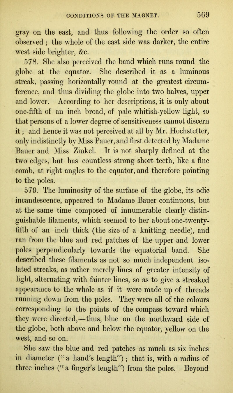 gray on the east, and thus following the order so often observed ; the whole of the east side was darker, the entire west side brighter, &c. 578. She also perceived the band which runs round the globe at the equator. She described it as a luminous streak, passing horizontally round at the greatest circum- ference, and thus dividing the globe into two halves, upper and lower. According to her descriptions, it is only about one-fifth of an inch broad, of pale whitish-yellow light, so that persons of a lower degree of sensitiveness cannot discern it; and hence it was not perceived at all by Mr. Hochstetter, only indistinctly by Miss Pauer, and first detected by Madame Bauer and Miss Zinkel. It is not sharply defined at the two edges, but has countless strong short teeth, like a fine comb, at right angles to the equator, and therefore pointing to the poles. 579. The luminosity of the surface of the globe, its odic incandescence, appeared to Madame Bauer continuous, but at the same time composed of innumerable clearly distin- guishable filaments, which seemed to her about one-twenty- fifth of an inch thick (the size of a knitting needle), and ran from the blue and red patches of the upper and lower poles perpendicularly towards the equatorial band. She described these filaments as not so much independent iso- lated streaks, as rather merely lines of greater intensity of light, alternating with fainter lines, so as to give a streaked appearance to the whole as if it were made up of threads running down from the poles. They were all of the colours corresponding to the points of the compass toward which they were directed,—thus, blue on the northward side of the globe, both above and below the equator, yellow on the west, and so on. She saw the blue and red patches as much as six inches in diameter (“ a hand’s length”); that is, with a radius of three inches (ff a finger’s length”) from the poles. Beyond