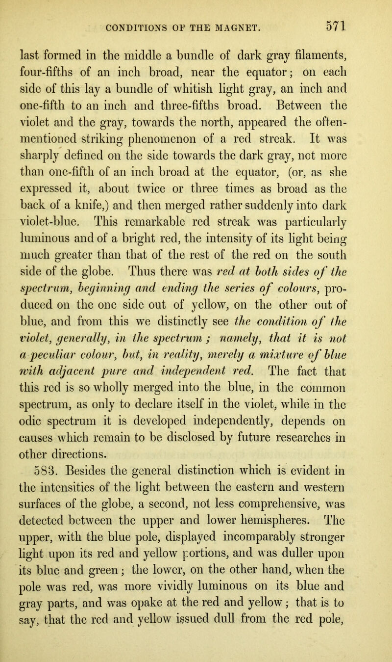 last formed in the middle a bundle of dark gray filaments, four-fifths of an inch broad, near the equator; on each side of this lay a bundle of whitish light gray, an inch and one-fifth to an inch and three-fifths broad. Between the violet and the gray, towards the north, appeared the often- mentioned striking phenomenon of a red streak. It was sharply defined on the side towards the dark gray, not more than one-fifth of an inch broad at the equator, (or, as she expressed it, about twice or three times as broad as the back of a knife,) and then merged rather suddenly into dark violet-blue. This remarkable red streak was particularly luminous and of a bright red, the intensity of its light being much greater than that of the rest of the red on the south side of the globe. Thus there was red at both sides of the spectrum, beginning and ending the series of colours, pro- duced on the one side out of yellow, on the other out of blue, and from this we distinctly see the condition of the violet, generally, in the spectrum ; namely, that it is not a peculiar colour, but, in reality, merely a mixture of blue with adjacent pure and independent red. The fact that this red is so wholly merged into the blue, in the common spectrum, as only to declare itself in the violet, while in the odic spectrum it is developed independently, depends on causes which remain to be disclosed by future researches in other directions. 5SB. Besides the general distinction which is evident in the intensities of the light between the eastern and western surfaces of the globe, a second, not less comprehensive, was detected between the upper and lower hemispheres. The upper, with the blue pole, displayed incomparably stronger light upon its red and yellow portions, and was duller upon its blue and green; the lower, on the other hand, when the pole was red, was more vividly luminous on its blue and gray parts, and was opake at the red and yellow; that is to say, that the red and yellow issued dull from the red pole,