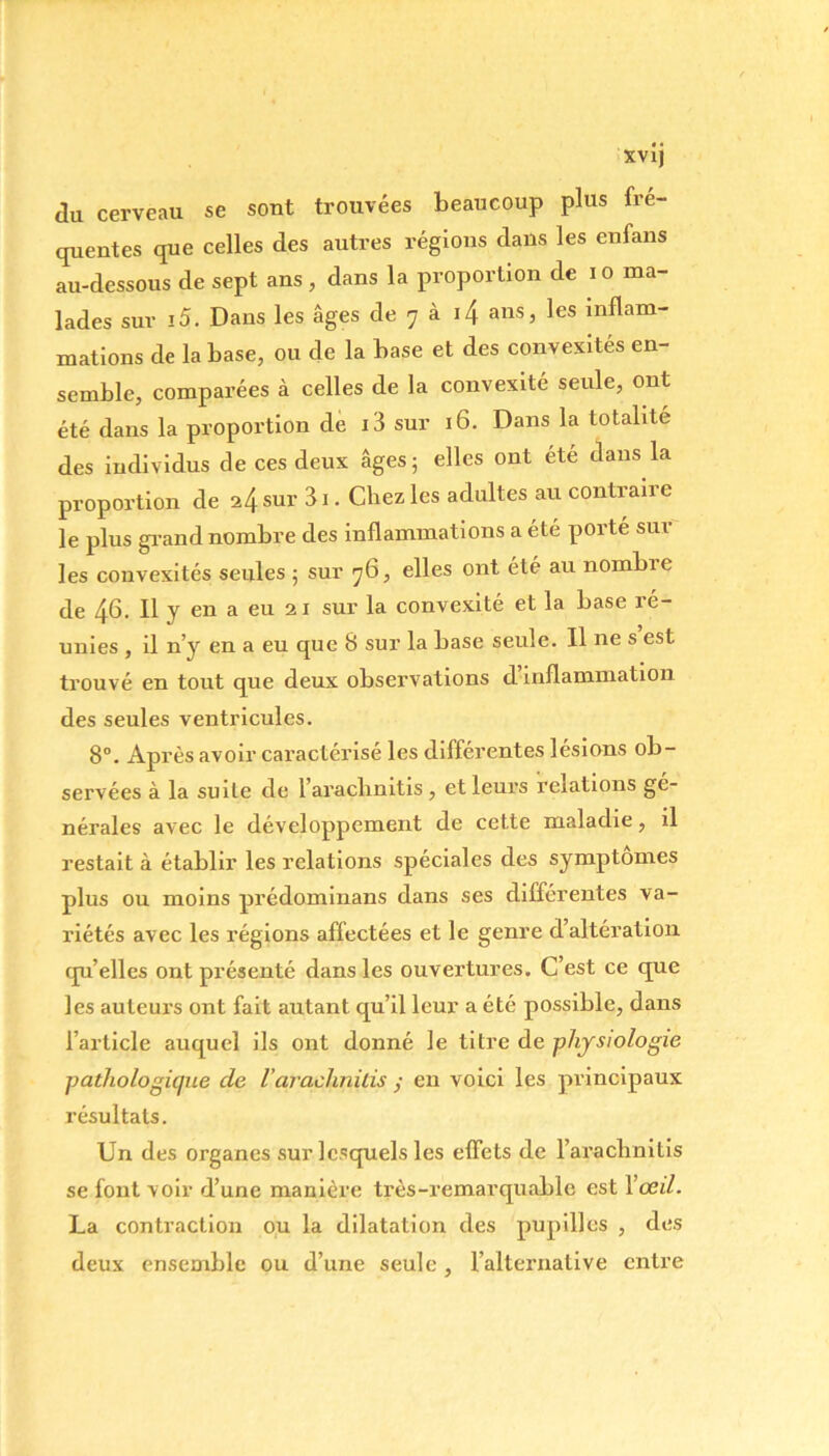 du cerveau se sont trouvées beaucoup plus fre- quentes que celles des autres réglons dans les enfans au-dessous de sept ans , dans la proportion de i o ma- lades sur î5. Dans les âges de 7 à i4 ans, les inflam- mations de la base, ou de la base et des convexités en- semble, comparées à celles de la convexité seule, ont été dans la proportion de i3 sur 16. Dans la totalité des individus de ces deux âges; elles ont été dans la proportion de sur 31. Chez les adultes au contraire le plus grand nombre des inflammations a été porte sur les convexités seules ; sur 76, elles ont été au nombie de 4b- Il Y en a eu 21 sur la convexité et la base ré- unies , il n’y en a eu que 8 sur la base seule. Il ne s est trouvé en tout que deux observations d inflammation des seules ventricules. 8°. Après avoir cai’actérisé les différentes lésions ob- servées à la suite de l’aracbnitis, et leurs relations gé- nérales avec le développement de cette maladie, il restait à établir les relations spéciales des symptômes plus ou moins prédominans dans ses différentes va- riétés avec les régions affectées et le genre d’altération qu’elles ont présenté dans les ouvertures. C’est ce que les auteurs ont fait autant qu’il leur a été possible, dans l’article auquel ils ont donné le titre de physiologie pathologique de l’arachnüis y en voici les principaux résultats. Un des organes sur lesquels les effets de l’arachnitis se font voir d’une manière très-remarquable est 1 œil. La contraction ou la dilatation des pupilles , des deux ensemble ou d’une seule, l’alternative entre