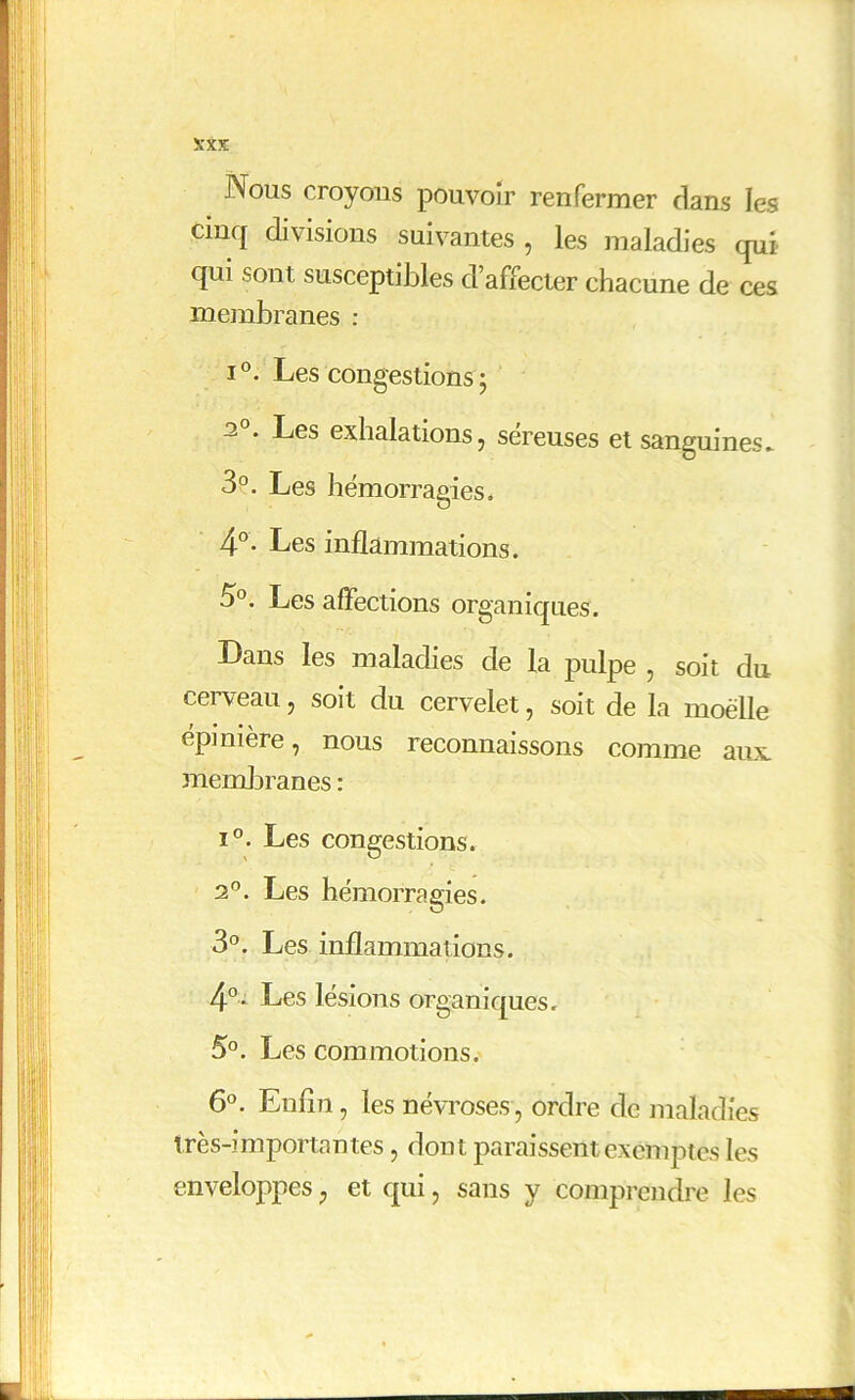 XXK Nous croyons pouvoir renfermer dans les cinq divisions suivantes , les maladies qui qui sont susceptibles d’affecter chacune de ces membranes : i°. Les congestions ; 2°. Les exhalations, séreuses et sanguines* 3°. Les hémorragies. 4°- Les inflammations. 5°. Les affections organiques. Dans les maladies de la pulpe , soit du cei veau, soit du cervelet, soit de la moelle épinière, nous reconnaissons comme aux membranes : i°. Les congestions. 2°. Les hémorragies. 3°. Les inflammations. 4°. Les lésions organiques. 5°. Les commotions. 6°. Enfin, les névroses, ordre de maladies très-importantes, dont paraissent exemptes les enveloppes, et qui, sans y comprendre les