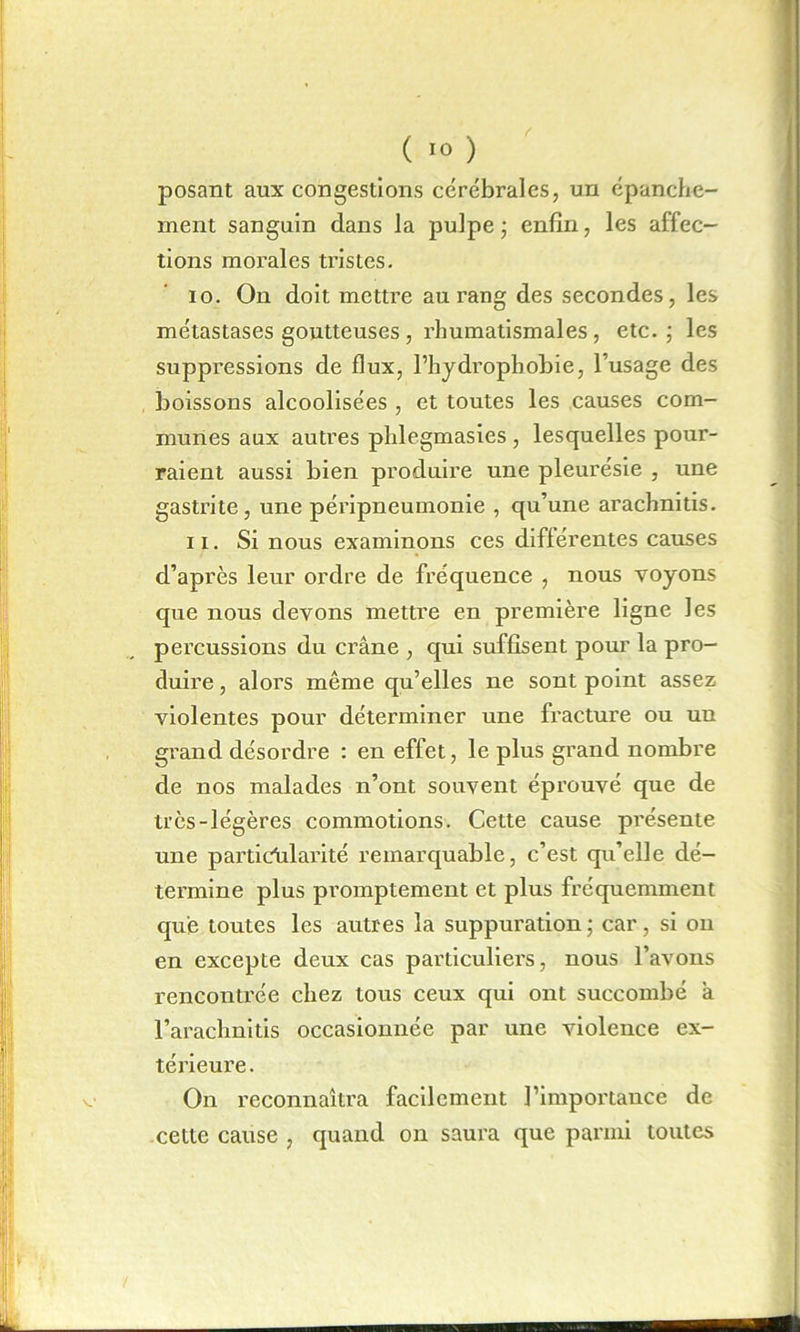 posant aux congestions cérébrales, un épanche- ment sanguin dans la pulpe ; enfin, les affec- tions morales tristes. 10. On doit mettre au l'ang des secondes, les métastases goutteuses, rhumatismales, etc. ; les suppressions de flux, l’hydrophobie, l’usage des boissons alcoolisées , et toutes les causes com- munes aux autres phlegmasies , lesquelles pour- raient aussi bien produire une pleurésie , une gastrite, une péripneumonie , qu’une arachnitis. 11. Si nous examinons ces différentes causes d’après leur ordre de fréquence , nous voyons que nous devons mettre en première ligne J es percussions du crâne , qui suffisent pour la pro- duire , alors même qu’elles ne sont point assez violentes pour déterminer une fracture ou un grand désordre : en effet, le plus grand nombre de nos malades n’ont souvent éprouvé que de très-légères commotions. Cette cause présente une particularité remarquable, c’est qu’elle dé- termine plus promptement et plus fréquemment que toutes les autres la suppuration; car, si on en excepte deux cas particuliers, nous l’avons renconti'ée chez tous ceux qui ont succombé à l’arachnitis occasionnée par une violence ex- térieure . On reconnaîtra facilement l’importance de cette cause , quand on saura que parmi toutes