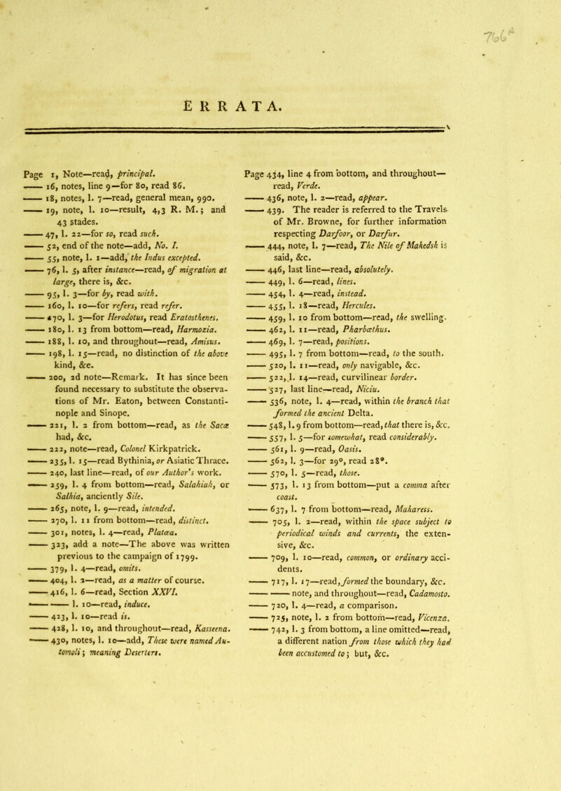 ERRATA. V Page i, Note—read, principal. 16, notes, line 9—for 80, read 86. 18, notes, 1. 7—read, general mean, 990. 19, note, 1. 10—result, 4,3 R. M.; and 43 stades. —— 47,1. 22—for so, read such. 5 2, end of the note—add, No. I. —■ 55, note, 1. 1—add, the Indus excepted. 76,1. 5, after instance—read, of migration at large, there is, 8cc. 95, 1- 3—f°r by, read with. 160, 1. 10—for refers, read refer. *70, 1. 3—for Herodotus, read Eratosthenes. 180,1. 13 from bottom—read, Harmozia. 188, 1. 10, and throughout—read, Amisus. — 198, 1. 15—read, no distinction of the above kind, See. —' 200, 2d note—Remark. It has since been found necessary to substitute the observa- tions of Mr. Eaton, between Constanti- nople and Sinope. —— 221, I. 2 from bottom—read, as the Sacce had, See. — 222, note—read. Colonel Kirkpatrick. — 235,1. 15—read Bythinia, or Asiatic Thrace. 240, last line—read, of our Author’s work. —■ 259, 1. 4 from bottom—read, Salahiah, or Salhia, anciently Sile. 265, note, 1. 9—read, intended. 270, 1. 11 from bottom—read, distinct. 301, notes, 1. 4—read, Plataa. —— 323, add a note—The above was written previous to the campaign of 1799. 379, 1. 4—read, omits. — 404,1. 2—read, as a matter of course. — 416,1. 6—read, Section XXVI. • 1. 10—read, induce, 423,1. 10—read is. 428,1. 10, and throughout—read, Kasscena. •' 43°> notes, 1. 10—add, These were named Au~ tomo'.i; meaning Deserters. Page 434, line 4 from bottom, and throughout- read, Verde. 436, note, 1. 2—read, appear. — 439. The reader is referred to the Travels of Mr. Browne, for further information respecting Darfoor, or Darfur. — 444, note, 1. 7—read, The Nile of Makedsh is said, &c. 446, last line—read, absolutely. 449, 1. 6—read, lines. 454, 1. 4—read, instead. 455,1. 18—read, Hercules. 459, 1. 10 from bottom—read, the swelling. —— 462,1. 11—read, Pharbccthus. — 469,1. 7—read, positions. 495,1. 7 from bottom—read, to the south. 520, 1. 11—read, only navigable, &c. ■ 522, 1. 14—read, curvilinear border. 527, last line—read, Niciu. 536, note, 1. 4—read, within the branch that formed the ancient Delta. 548,1.9 from bottom—read,that there is, See. 557, 1. 5—for somewhat, read considerably. 561, 1. 9—read, Oasis. 562,1. 3—for 29°, read 28®. 57°, 1< 5—read, those. 573, 1. 13 from bottom—put a comma after coast. *-— 637, 1. 7 from bottom—read, Maharcss. 705, 1. 2—read, within the space subject to periodical winds and currents, the exten- sive, See. ——709, 1. 10—read, common, or ordinary acci- dents. 717,1. 17—read, formed the boundary, See. note, and throughout—read, Cadamosto. 720, 1. 4—read, a comparison. 725, note, 1. 2 from bottom—read, Vicenza. —— 742, 1. 3 from bottom, a line omitted—read, a different nation from those which they had been accustomed to; but, See.