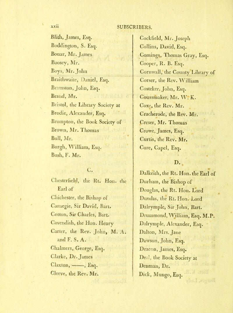 Blith, James, Esq. Boddington, S. Esq. Bonar, Mr. James Boosey, Mr. Boys, Mr. John Braithwaite, Daniel, Esq. Bramston, John, Esq. Brand, Mr. Bristol, the Library Society at Brodie, Alexander, Esq. Brompton, the Book Society of Brown, Mr. Thomas Bull, Mr. Burgh, William, Esq. Bush, F. Mr. C. Chesterfield, the Rt. Hon. the Earl of Chichester, the Bishop of Carnegie, Sir David, Bart. Cotton, Sir Charles, Bart. Cavendish, the Hon. Henry Carter, the Rev. John, M. A. and F. S. A. Chalmers, George, Esq. Clarke, Dr. James Claxton, , Esq. Cleeve, the Rev. Mr. Cockfield, Mr. Joseph Collins, David, Esq. Comings, Thomas Gray, Esq. Cooper, R. B. Esq. Cornwall, the County Library of Corser, the Rev. William Costeker, John, Esq. Coussmaker, Mr. W. K. Coxe, the Rev. Mr. Cracherode, the Rev. Mr. Creser, Mr. Thomas Crowe, James, Esq. Curtis, the Rev. Mr. Cure, Capel, Esq. D. Dalkeith, the Rt. Hon. the Earl of Durham, the Bishop of Douglas, the Rt. Hon. Lord Dundas, the Rt. Hon. Lord Dalrymple, Sir John, Bart. Drummond, William, Esq. M.P. Dalrymple, Alexander, Esq. Dalton, Mrs. Jane Dawson, John, Esq. Deacon, James, Esq. Deal, the Book Society at Denman, Dr. Dick, Mungo, Esq.