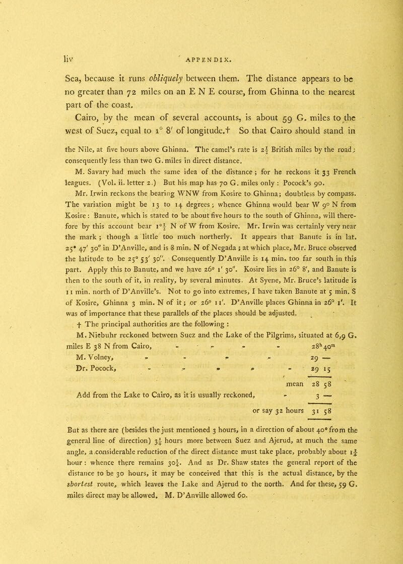 Sea, because it runs obliquely between them. The distance appears to be no greater than 72 miles on an E N E course, from Ghinna to the nearest part of the coast. Cairo, by the mean of several accounts, is about 59 G. miles to the west of Suez, equal to i° 8' of longitude.f So that Cairo should stand in the Nile, at five hours above Ghinna. The camel’s rate is z\ British miles by the road; consequently less than two G. miles in direct distance. M. Savarv had much the same idea of the distance ; for he reckons it 33 French leagues. (Vol. ii. letter 2.) But his map has 70 G. miles only : Pocock’s 90. Mr. Irwin reckons the bearing WNW from Kosire to Ghinna; doubtless by compass. The variation might be 13 to 14 degrees; whence Ghinna would bear W 9° N from Kosire : Banute, which is stated to be about five hours to the south of Ghinna, will there- fore by this account bear i°-| N ofW from Kosire. Mr. Irwin was certainly very near the mark; though a little too much northerly. It appears that Banute is in lat. 25* M' 3° *n D’Anville, and is 8 min. N of Negada ; at which place, Mr. Bruce observed the latitude to be 25° 53' 30. Consequently D’Anville is 14 min. too far south in this part. Apply this to Banute, and we have 26° 1' 30. Kosire lies in 26° 8', and Banute is then to the south of it, in reality, by several minutes. At Syene, Mr. Bruce’s latitude is 11 min. north of D’Anville’s. Not to go into extremes, I have taken Banute at 5 min. S of Kosire, Ghinna 3 min. N of it; or 26° 11'. D’Anville places Ghinna in 26° x'. It was of importance that these parallels of the places should be adjusted. f The principal authorities are the following : M. Niebuhr reckoned between Suez and the Lake of the Pilgrims, situated at 6,9 G. miles E 38 N from Cairo, - - - z8h4om M. Volney, - - 1- - 29 —• Dr. Pocock, - • b - 29 15 mean 28 58 Add from the Lake to Cairo, as it is usually reckoned, - 3 — or say 32 hours 31 58 But as there are (besides the just mentioned 3 hours, in a direction of about 4o°from the general line of direction) 3! hours more between Suez and Ajerud, at much the same angle, a .considerable reduction of the direct distance must take place, probably about hour : whence there remains 305. And as Dr. Shaw states the general report of the distance to be 30 hours, it may be conceived that this is the actual distance, by the shortest route, which leaves the Lake and Ajerud to the north. And for these, 59 G. miles direct maybe allowed. M. D’Anville allowed 60.