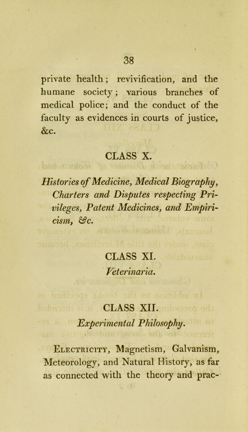 private health; revivification, and the humane society; various branches of medical police; and the conduct of the faculty as evidences in courts of justice, &c. CLASS X. Histories of Medicine, Medical Biography, Charters and Disputes respecting Pri- vileges, Patent Medicines, and Empiri- cism, &c. CLASS XI. Veterinarian CLASS XII. Experimental Philosophy. Electricity, Magnetism, Galvanism, Meteorology, and Natural History, as far as connected with the theory and prac-
