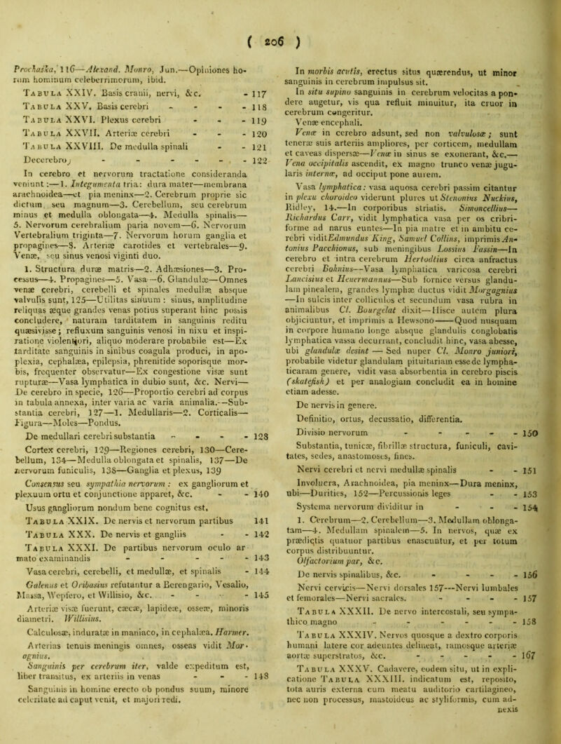 { soS ) Prorhasna, \ \G—AUxand. Monro, Jun.—Opiniones ho- nim homimun ccleberrimcruni, ibid. Tabula XXIV. Basis cranii, nervi, &:c. - 117 Tabula XXV. Basis cerebri * - - _ ns Tabula XXVI. Plexus cerebri - , . II9 1'abula XXVII. Arterire cerebri - - . 12O 'J'a BULA XXVlil. De medulla spinali - - 121 Decorebro.: - - - - - -122 In cerebro et nervorum tractatione consideranda vcniunt;—1. Iiitegunicnta tria: dura mater—inembrana arachnoidea—et pia meninx—2. Cerebrum proprie sic dictum seu magnum—3. Cerebellum, seu cerebrum minus et medulla oblongata—4-. Medulla spinalis— 5. Nervorum cerebralium paria novem—6. Nervorum Vertebralium triginta—7- Nervorum horum ganglia et propagines—3. Arteriae caroticles el vertebrales—9. Venae, seu sinus venosi viginti duo. 1. Structura durae matris—2. Adhaesiones—3. Pro- cessus—i. Propagines—5. Vasa—6. Glandule—Omnes venae cerebri, cerebelli et spinales medullae absque valvulis sunt, 125—Ulilitas siriuum ; sinus, amplitudine reliquas aeque grandes venas potius superant bine pi)ssis concludere, ‘ naturam tarditatem in sanguinis reditu quaesivjsse; refluxum sanguinis venosi in nixu et inspi- ratione violent^ori, aliquo moderare probabile est—Ex tarditatc sanguinis in sinibus coagula produci, in apo- plexia, cephalaea, epilepsia, phrenitide soporisque. mor- bis, frequenter observatur—Ex congestione visae sunt rupturae—Vasa lymphatica in dubio sunt, &c. Nervi— He cerebro in specie, 126—Proportio cerebri ad corpus in tabula annexa, inter varia ac varia animalia.—Sub- stantia cerebri, 127—1. Medullaris—2. Corticalis— I'igura—Moles—Pondus. De raedullari cerebri substantia - - - . 128 Cortex cerebri, 129—Regiones cerebri, 130—Cere- bellum, 134—Medulla oblongata et spinalis, 137—De jjervorum funiculis, 13S—Ganglia et plexus, 139 Consensus seu syurpathia nervorum : ex gangliorum et ple.xuura ortu et conjunctione apparet, &c. - - 140 Usus gangliorum nondum bene cognitus est, 1'abula XXIX. De nerviset nervorum partibus 141 Tabula XXX. De nervis et gangliis - - 142 Tabula XXXI. De partibus nervorum oculo ar mato examinandis - - _ _ . 143 Vasa cerebri, cerebelli, et medulltB, et spinalis - 144 Gaknits et Oribasius refulantur a Berengario, Vesalio, Jilassa, Wepfero, et Willisio, &c. . _ . - 145 Arteries visoe fuerunt, csecae, lapideae, ossem, minoris diametri. JFillLsiiis. Calculosae, induratae in manlaco, in cephaloca. Harmer. Arterias tenuis meningis omnes, osseas vidit Mur* agnius. Sanguinis per cerebrum iter, valde enpeditum est, liber transitus, ex arieriis in venas . « . 143 Sanguinis in homine erecto ob pondus suum, rainore cclcrilate ad caput venit, et majoriredi. In morbis acutis, erectus situs qujerendus, ut minor sanguinis in cerebrum impulsus sit. In situ supino sanguinis in cerebrum velocitas a pon- dere augetur, vis qua refluit minuitur, ita cruor in cerebrum cwngeritur. Venae encephali. Verne in cerebro adsunt, sed non vulvulosoe; sunt tenerse suis arteriis ampliores, per cortieem, medullam et caveas dispersae—Vaiije in sinus se exonerant, &c.— Vena occipitalis nscQndit, ex magno trunco venae jugu- laris internee, ad occiput pone aurem. Vasa lymphatica: vasa aquosa cerebri passim citantur \n plexu c/mm'dcu vidcrunt plures uX. Stenonius Nuckius, Ridley, 14.—In corporibus striatis. Siwoncellius— llichardus Carr, vidit lymphatica vasa per os cribri- forme ad narus euntes—In pia matre et in ambitu ce- rebri vidilEdmundus King, Samuel Collins, imprimis tonius Paechionus, sub meningibus Lossius I'assin—In cerebro et intra cerebrum Hertodtius circa anfractus cerebri Boltnius—Vasa lympiiatica varicosa cerebri iMiicisivs et lieuermannus—Sub fornice versus glandu- lani pinealem, grandes lymphae ductus \\d\t Morgagnius —In sulcis inter colliculus et secundum vasa rubra in animalibus Cl. Bourgclat dixit—Ilisce autem plura objiciuntur, et imprimis a Ilewsono Quod nusquam in corpore humano longc absque glandulis conglobatis lymphatica vassa decurrant, concludit hinc, vasa abessc, ubi glandulce dcsint — Sed nuper Cl. Monro juniori, probabile videtur glandulam pituitariam essede lympha- ticaram genere, vidit vasa absorbentia in cerebro piscis (skatejish) et per analogiam concludit ea in homine ctiam adesse. De nervis in genere. Definitio, ortus, decussatio, differentia. Divisio nervorum - - - - - 150 Substantia, tunicae, fibrill® structura, funiculi, cavi- tates, sedes, anastomoses, lines. Nervi cerebri et nervi medullae spinalis - - I5l Involucra, Arachnoidea, pia meninx—Dura meninx, ubi—Durities, 152—Percussionis leges - - 153 Systema nervorum dividilur in - - - 154 1. Cerebrum—2. Cerebellum—3. Mtvlullam oblonga- tam—4. Medullam spinalcm—5. In nervos, qure ex prtediqtis quatuor partibus cnascuntur, et per totum corpus distribuuntur. Olfactorium par, &c. De nervis spinalibus, &c. - - - - 156 Nervi ccrvicis—Nervi dorsales 157—Nervi lumbales et femorales—Nervi sacrales. - - _ - 157 Tabula XXXII. De nervo intercostal!, seu sympa- th ico magno - - - - - -158 Tabula XXXIV. Nervos quosque a dexfro corporis human! latere cor adeuntes delineat, ramosque arterite aortic supcrslratos, &c. - - - - - l67 Tabula XXXV. Cadavere, codem situ, ut in expli- catione Tabula XXXIII. indicatum est, reposito, tota auris externa cum meatu auditorio cartilagineo, nec non processus, mastoideus ac styliforinis, cum ad- nexis