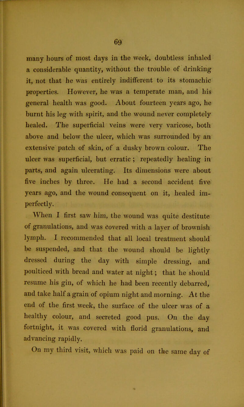 many hours of most days in the week, doubtless inhaled a considerable quantity, without the trouble of di-inking it, not that he was entirely indifferent to its stomachic properties. However, he was a temperate man, and his general health was good. About fourteen years ago, he burnt his leg with spirit, and the wound never completely healed. The superficial veins were very varicose, both above and below the ulcer, which was surrounded by an extensive patch of skin, of a dusky brown colour. The ulcer was superficial, but erratic; repeatedly healing in parts, and again ulcerating. Its dimensions were about five inches by three. He had a second accident five years ago, and the wound consequent on it, healed im- perfectly. AVhen I first saw him, the wound was quite destitute of granulations, and was Covered with a layer of brownish lymph. I recommended that all local treatment should be suspended, and that the wound should be lightly dressed during the day with simple dressing, and poulticed with bread and water at night; that he should resume his gin, of which he had been recently debarred, and take half a grain of opium night and morning. At the end of the first week, the surface of the ulcer was of a healthy colour, and secreted good pus. On the day fortnight, it was covered with florid granulations, and advancing rapidly. On my third visit, which was paid on the same day of