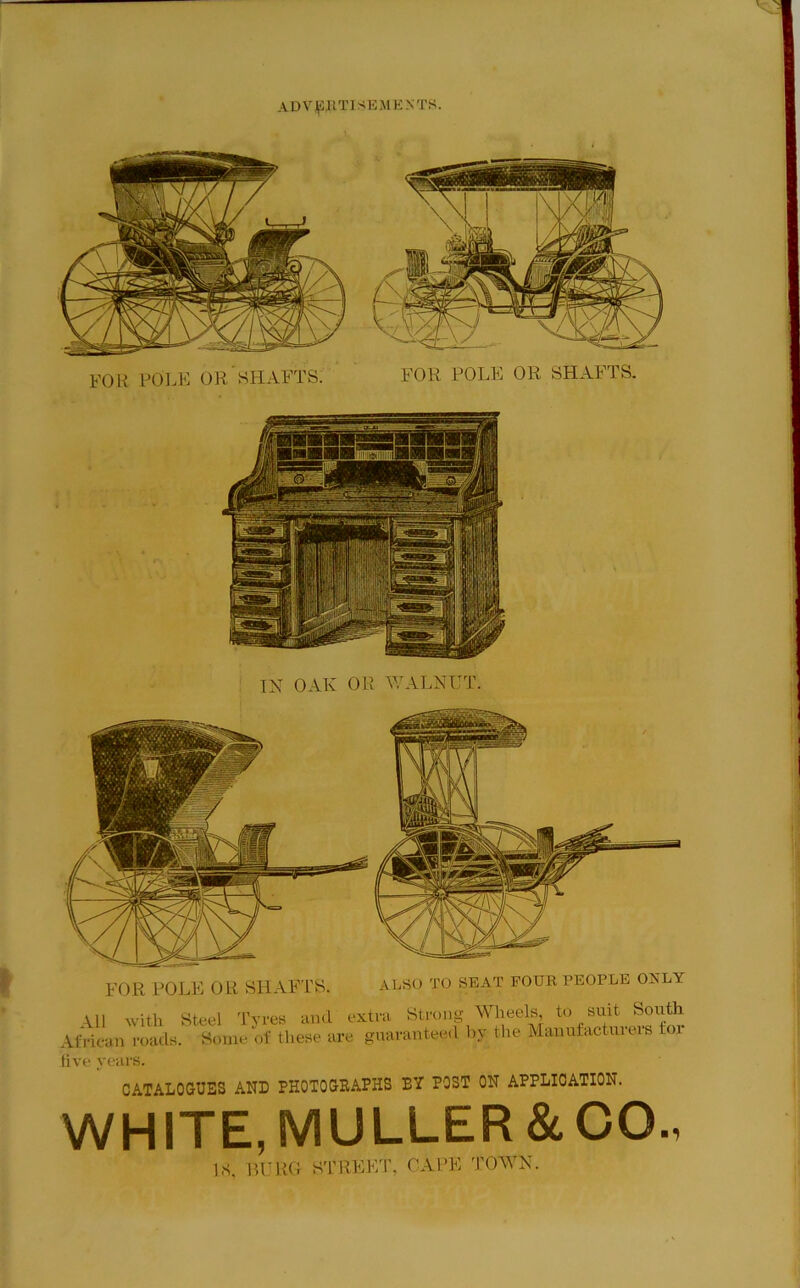 FOli POLE OR SHAFTS. FOR POLK OR SHAFTS. IN OAK OR T;ALNUT. ALSO TO SEAT FOUK PEOPLE ONLY FOR POLK OR SHAFTS. .\1) with Steel 'Tyres tuitl extra African roads. Some of these are guar Strong Wheels, to suit South •anteed by the Manufacturei’S for five years. CATALOGUES AND PHOTOGRAPHS BY POST ON APPLICATION. WHITE, MULLER & CO., IS, HURG STRKKT, CAPE TOWN.