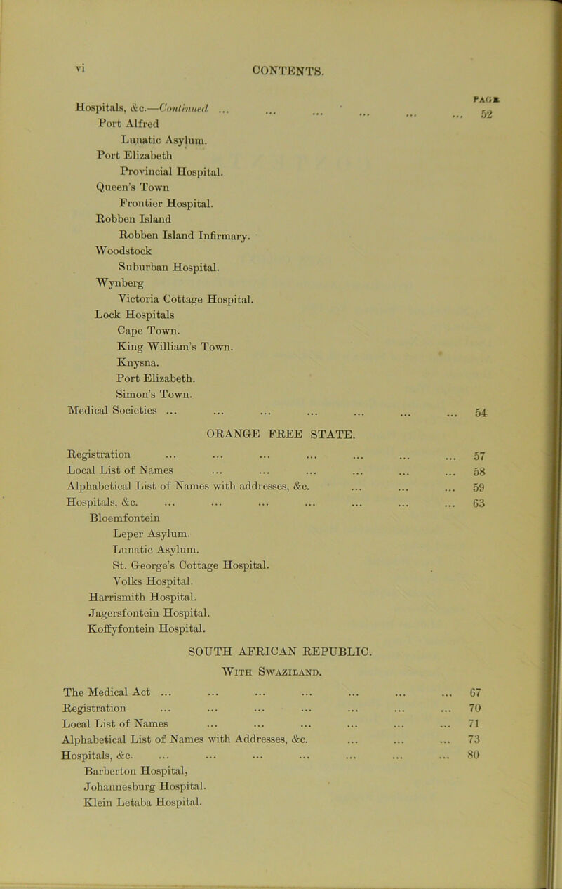 Hospitals, itc.—Conlhiiied ... Port Alfred Lunatic Asylum. Port Elizabeth Provincial Hospital. Queen’s Town Frontier Hospital. Robben Island Robben Island Infirmary. Woodstock Suburban Hospital. Wynberg Victoria Cottage Hospital. Lock Hospitals Cape Town. King William’s Town. Knysna. Port Elizabeth. Simon’s Town. Medical Societies ... ORANGE FREE STATE. Registration Local List of Names Alphabetical List of Names with addresses, &c. Hospitals, &c. Bloemfontein Leper Asylum. Lunatic Asylum. St. George’s Cottage Hospital. Volks Hospital. Harrismith Hospital. Jagersfontein Hospital. Koffyfontein Hospital. SOUTH AFRICAN REPUBLIC. With Swaziland. The Medical Act ... Registration Local List of Names Alphabetical List of Names with Addresses, &c. Hospitals, &c. Barberton Hospital, Johannesburg Hospital. Klein Letaba Hospital. PAD* .’•/2 54r 57 58 59 63 67 70 71 73 80
