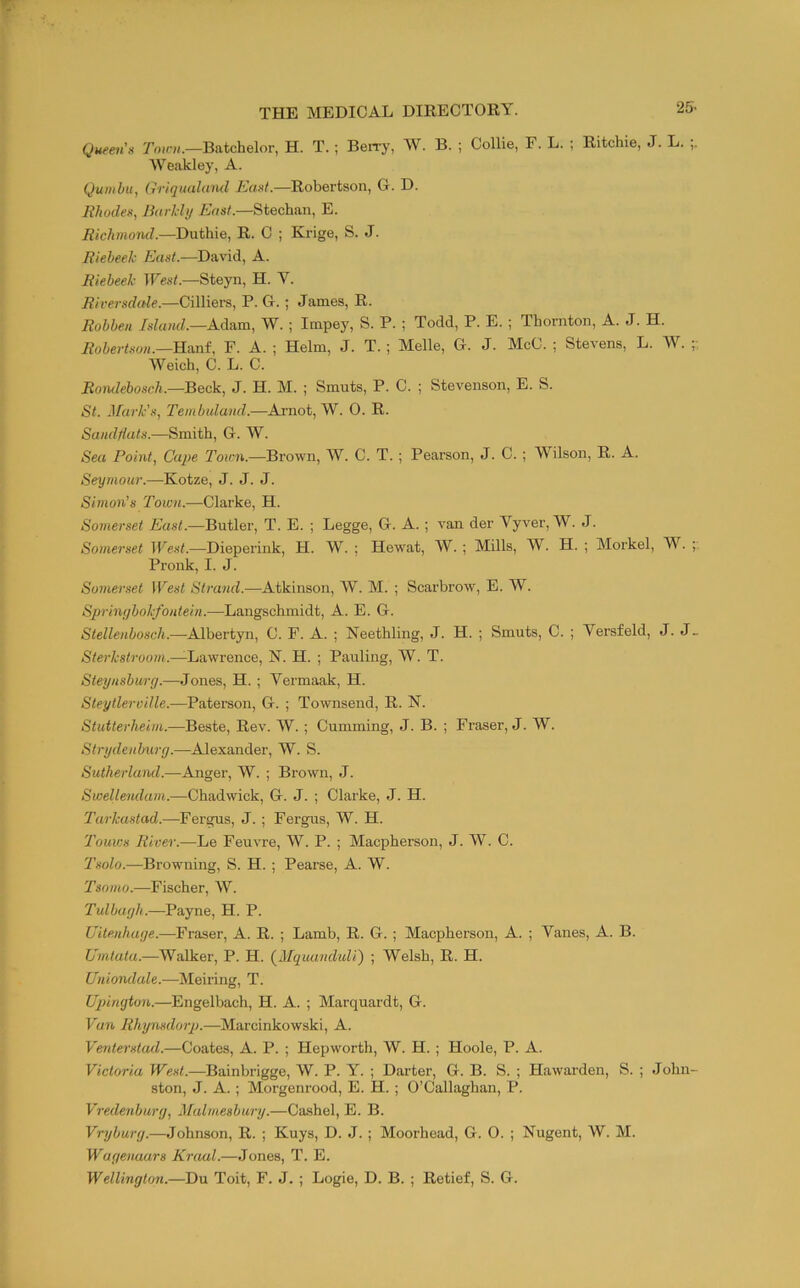 Queen’s Town.—Batchelor, H. T. ; Berry, W. B. ; Collie, F. L. ; Ritchie, J. L. Weakley, A. Quinbu, Griqnulund East.—Robertson, G. D. Rhodes, Barkhj East.—Stechan, E. Richmond.—Duthie, R. C ; Krige, S. J. Rieheeh East.—David, A. Rieheek West.—Steyn, H. V. Riversdide.—Cilliers, P. G.; James, R. Robhen Island.—A.dnm, W. ; Impey, S. P. ; Todd, P. E. ; Thornton, A. J. H. Robertson.—ReaW F. A. ; Helm, J. T.; Melle, G. J. McC. ; Stevens, L. W. Weich, C. L. C. Rntulehosch.—Beck, J. H. M. ; Smuts, P. C. ; Stevenson, E. S. St. Mark's, Teinbuland.—Arnot, W. O. R. Sandfiuts.—Smith, G. W. Sea Point, Cape Town.—Brown, W. C. T. ; Pearson, J. C. ; Wilson, R. A. Seymour.—Kotze, J. J. J. Simon’s Town.—Clarke, H. Somerset East.—Butler, T. E. ; Legge, G. A. ; van der Vyver, W. J. Somerset West.—Dieperink, H. W. ; Hewat, W. ; Mills, W. H. ; Morkel, W. Pronk, I. J. Somerset West Strand.-—Atkinson, W. M. ; Scarbrow, E. W. Sprinubokfontein.—Langschmidt, A. E. G. Stellenbosch.—Albertyn, C. F. A. ; Neethling, J. H. ; Smuts, C. ; Versfeld, J. J_ Sterkstrooni.—himrence, N. H. ; Pauling, W. T. Steynsburg.—Jones, H. ; Vermaak, H. Steytleruille.—Paterson, G. ; Townsend, R. N. Stutterheim.—Beste, Rev. W. ; Cumming, J. B. ; Fraser, J. W. Strydenburg.—Alexander, W. S. Sutherland.—Anger, W. ; Brown, J. Swellendum.—Chadwick, G. J. ; Clarke, J. H. Tarkastad.—Fergus, J. ; Fergus, W. H. Touws River.—Le Feuvre, W. P. ; Macpherson, J. W. C. Tsolo.—Browning, S. H. ; Pearse, A. W. Tsomo.—Fischer, W. Tulbagh.—Payne, H. P. Uite.nhage.—Fraser, A. R. ; Lamb, R. G.; Macpherson, A. ; Vanes, A. B. Umtata.—Walker, P. H. (^MqiuinduU) ; Welsh, R. H. Uniondale.—Meiring, T. Upington,.—Engelbach, H. A. ; Marquardt, G. Van Rhynsdorp.—Marcinkowski, A. Ventei'stad.—Coates, A. P. ; Hepworth, W. H. ; Hoole, P. A. Victoria West.—Bainbrigge, W. P. Y. ; Darter, G. B. S. ; Hawarden, S. ; John- ston, J. A. ; Morgenrood, E. H. ; O’Callaghan, P. Vredenburg, Malmesbury.—Cashel, E. B. Vryburg.—Johnson, R. ; Kuys, D. J. ; Moorhead, G. 0. ; Nugent, W. M. Wagenaars Kraal.—Jones, T. E. Wellington.—Du Toit, F. J. ; Logie, D. B. ; Retief, S. G.