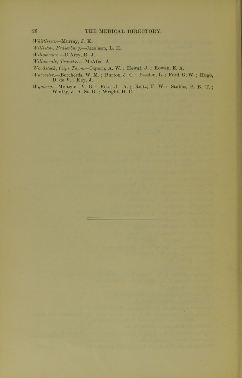 Whiltlemi.—Murray, J. K. WilliHton, Franerhurg.—Jacobson, L. H. Willowmure.—D’Arcy, R. J. Willowrale, Tramkei.—McAfee, A. ('ajie Toini.—Caporn, A. W. ; Hewat, J. ; Rowan, PL A. ]\''o7rester.—Borcherds, W. M. ; Burton, J. C. ; Esselen, L.; Ford, G.W,; Hugo, D. de V.; Key, J. lVi/i7berg.—Molteno, V. G. ; Ross, J. A. ; Reitz, F. W.; Stubbs, P. B. T. ; Whitty, J. A. St. G. ; Wright, H. C.