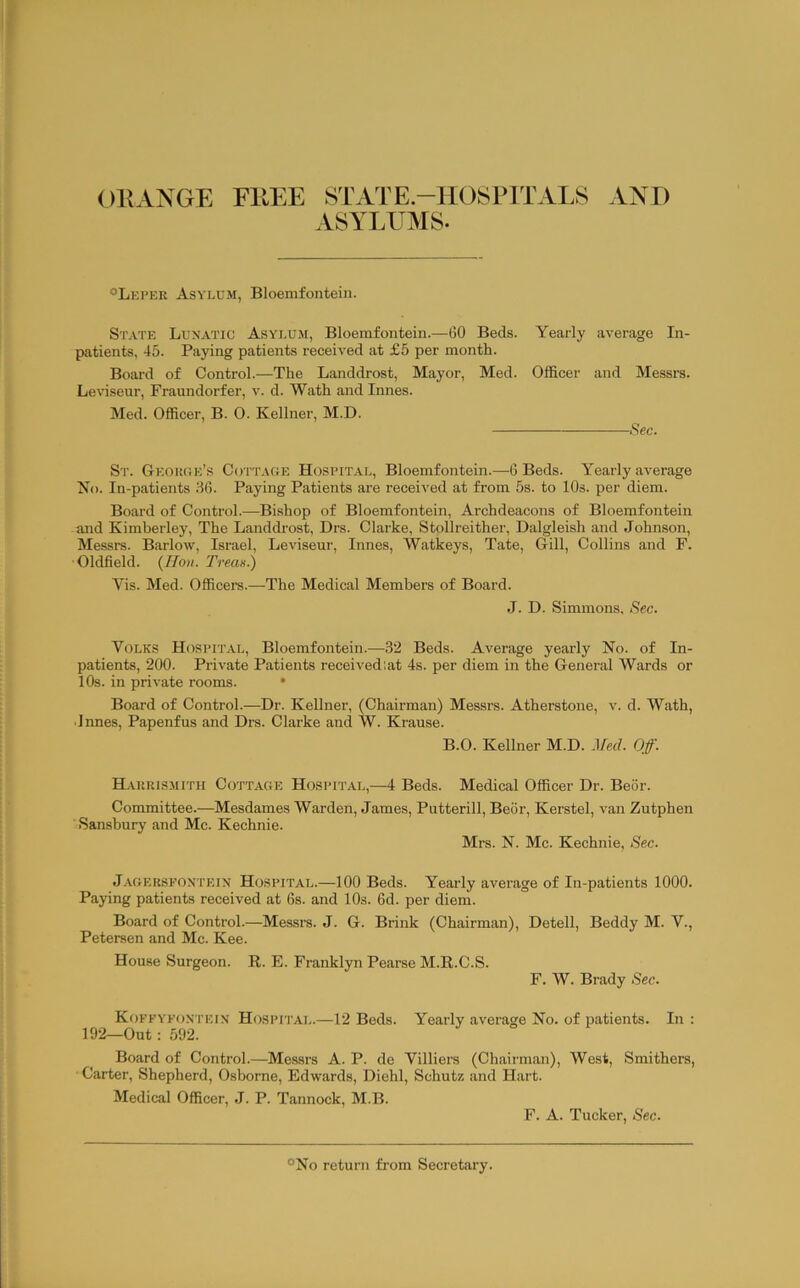 OKANGE FllEE STATE-HOSPITALS AND ASYLUMS. °Lki’er Asylum, Bloemfontein. State Lunatic Asylum, Bloemfontein.—(50 Beds. Yearly average In- patients, 45. Paying patients received at £5 per month. Board of Control.—The Landdrost, Mayor, Med. Officer and Messrs. Leviseur, Fraundorfer, v. d. Wath and Innes. Med. Officer, B. 0. Kellner, M.D. Sec. St. Geokc.e’s Cottage Hospit.yl, Bloemfontein.—G Beds. Yearly average No. In-patients .G6. Paying Patients are received at from 5s. to 10s. per diem. Board of Control.—Bishop of Bloemfontein, Archdeacons of Bloemfontein and Kimberley, The Landdrost, Drs. Clarke, Stollreither, Dalgleish and Johnson, Messrs. Barlow, Israel, Leviseur, Innes, Watkeys, Tate, Gill, Collins and F. Oldfield. (i/o«. Treas.) Vis. Med. Officers.—The Medical Members of Board. J. D. Simmons. Sec. Volks Hospital, Bloemfontein.—32 Beds. Average yearly No. of In- patients, 200. Private Patients received'.at 4s. per diem in the General Wards or 10s. in private rooms. • Board of Control.—Dr. Kellner, (Chairman) Messrs. Atherstone, v. d. Wath, • Innes, Papenfus and Drs. Clarke and W. Krause. B.O. Kellner M.D. Med. Off. Haiiris.mith Cottage Hospital,—4 Beds. Medical Officer Dr. Beor. Committee.—Mesdames Warden, James, Putterill, Beor, Kerstel, van Zutphen Sansbury and Me. Kechnie. Mrs. N. Me. Kechnie, Sec. J.\GERSFONTEiN HOSPITAL.—100 Beds. Yearly average of In-patients 1000. Paying patients received at 6s. and lOs. 6d. per diem. Board of Control.—Messrs. J. G. Brink (Chairman), Detell, Beddy M. V., Petersen and Me. Kee. House Surgeon. R. E. Franklyn Pearse M.R.C.S. F. W. Brady Sec. Kofpypontein Hospital.—12 Beds. Yearly average No. of patients. In : 192—Out : 592. Board of Control.—Messrs A. P. de Villiers (Chairman), West, Smithers, Carter, Shepherd, Osborne, Edwards, Diehl, Schutz and Hart. Medical Officer, J. P. Tannock, M.B. F. A. Tucker, Sec. °No return from Secretary.