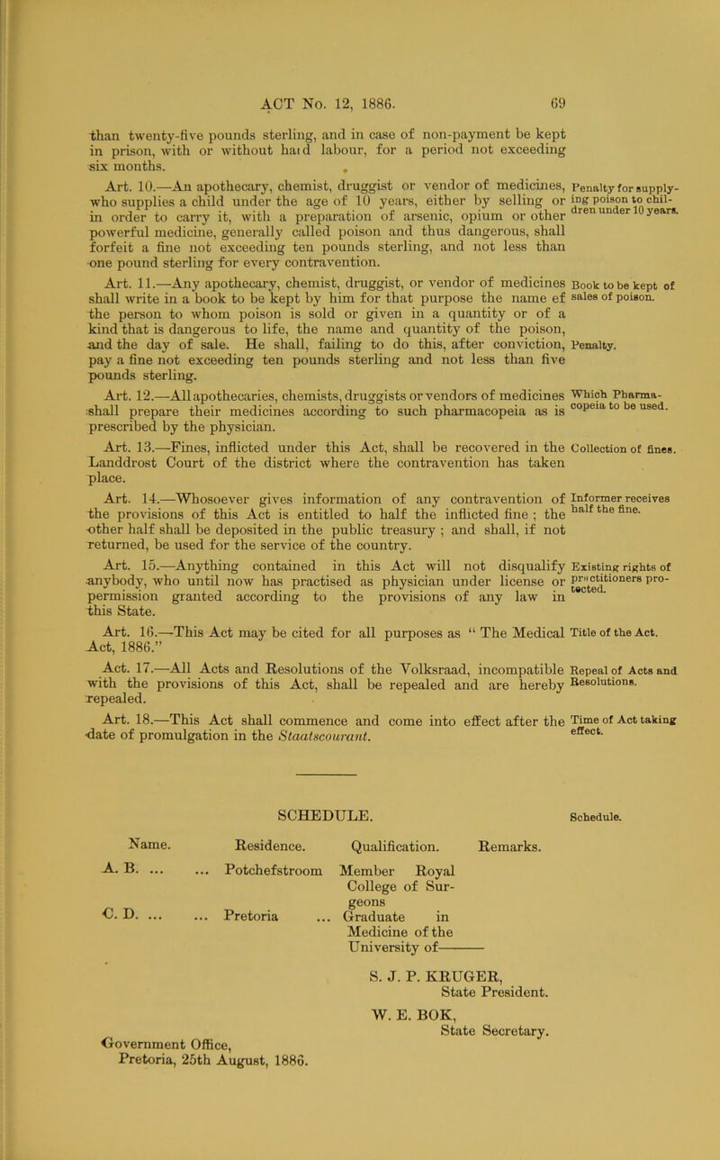 than twenty-five pounds sterling, and in case of non-payment be kept in prison, with or without haid labour, for a period not exceeding six months. , Art. 10.—An apothecary, chemist, druggist or vendor of medicuies. Penalty for suppiy- who supplies a child under the age of 10 years, either by selling or ing poison to chil- in order to carry it, with a preparation of arsenic, opium or other ®’' years, powerful medicine, generally called poison and thus dangerous, shall forfeit a fine not exceeduig ten pounds sterling, and not less than one pound sterling for every contravention. Art. 11.—Any apothecary, chemist, druggist, or vendor of medicines Book to be kept of shall write in a book to be kept by him for that purpose the name ef sales of poison, the person to whom poison is sold or given in a quantity or of a kind that is dangerous to life, the name and quantity of the poison, and the day of sale. He shall, failing to do this, after conviction. Penalty, pay a fine not exceeding ten pounds sterling and not less than five pounds sterling. Art. 12.—All apothecaries, chemists, druggists or vendors of medicines ■Which Phanna- :shall prepare their medicines according to such pharmacopeia as is ®°P®'“' ^® “®®^- prescribed by the physician. Art. 13.—Fines, inflicted under this Act, shall be recovered in the Collection of fines. Landdrost Court of the district where the contravention has taken place. Art. 14.—Whosoever gives information of any contravention of Informer receives the provisions of this Act is entitled to half the inflicted fine ; the ■other half shall be deposited in the public treasury ; and shall, if not returned, be used for the service of the country. Art. 15.—^Anything contained in this Act will not disqualify Existing riRhts of .anybody, who until now has practised as physician under license or permission granted according to the provisions of any law in this State. Art. 16.—This Act may be cited for all purposes as “ The Medical Title of the Act. Act, 1886.” Act. 17.—All Acts and Resolutions of the Volksraad, incompatible Repeal of Acts and with the provisions of this Act, shall be repealed and are hereby Resolutions, repealed. Art. 18.—This Act shall commence and come into effect after the Time of Act taking •date of promulgation in the Staatscourant. effect. SCHEDULE. Schedule. Name. Residence. Qualification. Remarks. ■A.. B. ... ... Potchefstroom Member Royal College of Sur- geons B. ... ... Pretoria ... Graduate in Medicine of the University of— Government Office, Pretoria, 25th August, 1885. S. J. P. KRUGER, State President. W. E. BOK, State Secretary.