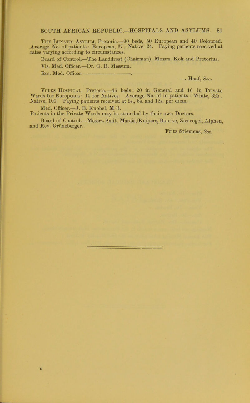 The Lun.^tic Asylum, Pretoria.—‘JO beds, 50 European and 40 Coloured. Average No. of patients : European, 37 ; Native, 24. Paying patients received at rates varying according to circumstances. Board of Control.—The Landdrost (Chairman), Messrs. Kok and Pretorius. Vis. Med. Officer.—Dr. G. B. Messum. Res. Med. Officer. . —. Haaf, Sec. Yolks Hospitai., Pretoria.—46 beds: 20 in General and 16 in Private Wards for Europeans ; 10 for Natives. Average No. of in-patients : White, 325 , Native, 100. Paying patients received at 5s., 8s. and 12s. per diem. Med. Officer.—J. B. Knobel, M.B. Patients in the Private Wards may be attended by their own Doctors. Board of Control.—Messrs. Smit, Marais, IKuipers, Bourke, Ziervogel, Alphen, mid Rev. Griineberger. Fritz Stiemens, Sec. F