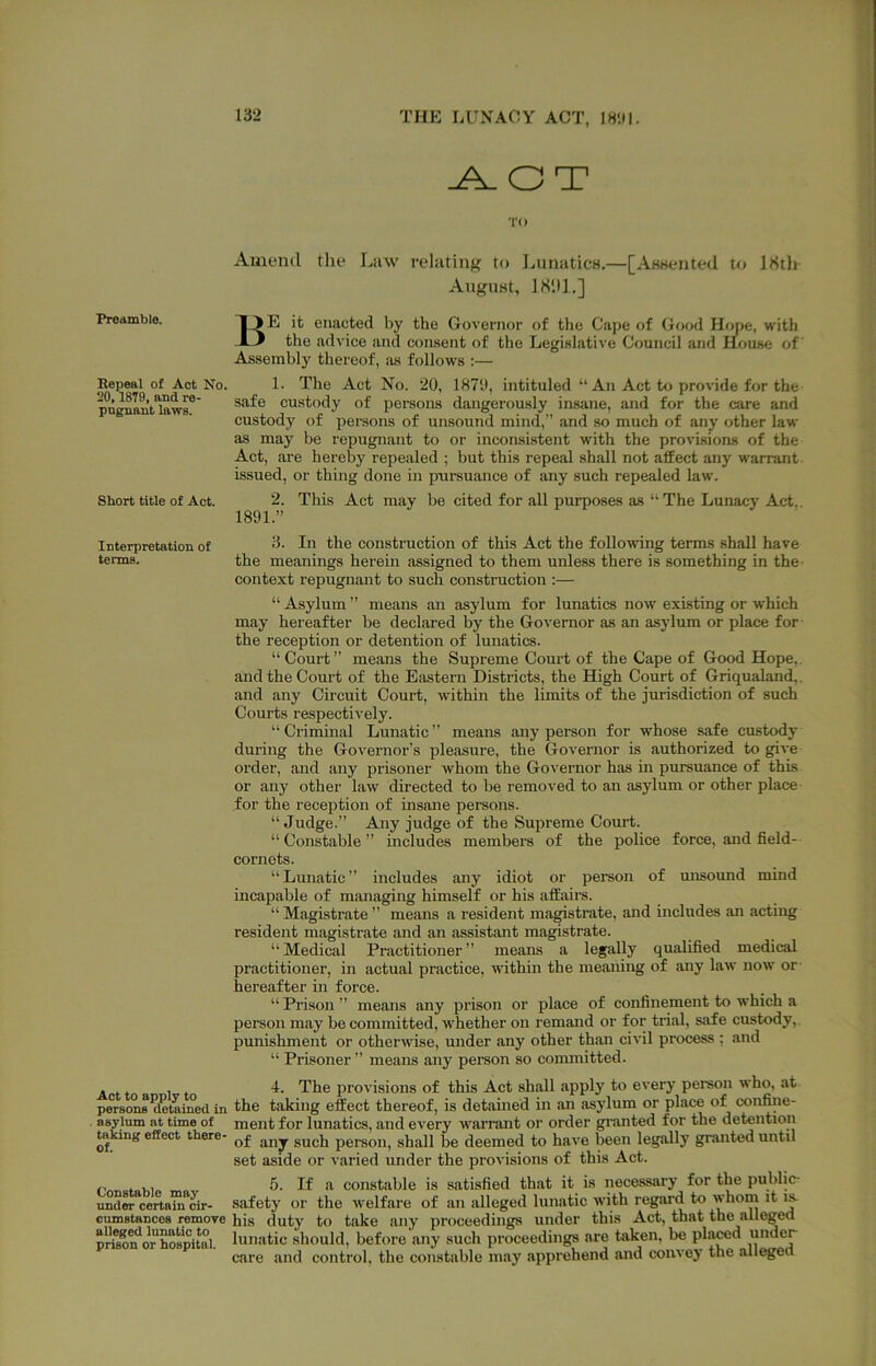 ^OT Preamble. Pepeal of Act No. 20,18T9, and re- pugnant laws. Short title of Act. Interpretation of terms. Act to apply to persons detained in asylum at time of taking effect there- of. Constable may under certain cir- cumstances remoye alleged lunatic to prison or hospital. TO Amend the Law relating to LunaticH.—[.i^Jisented to IStli August, IHIU.] Be it enacted by the Governor of the Cape of G<M>d Hope, with tile advice and consent of the Legislative Council and House of' Assembly thereof, as follows ;— 1. The Act No. 20, 18711, intituled “ An Act to provide for the safe custody of peraons dangerously in.sane, and for the care and custody of persons of unsound mind,” and so much of any other law as may be repugnant to or inconsistent with the provisions of the Act, are hereby repealed ; but this repeal shall not affect any warrant issued, or thing done in pursuance of any such repealed law. 2. This Act may be cited for all purposes as “The Lunacy Ac-t,. 3. In the construction of this Act the following terms shall have the meanings herein assigned to them unless there is something in the- context repugnant to such construction ;— “ Asylum ” means an asylum for lunatics now existing or which may hereafter be declared by the Governor as an asylum or place for- the reception or detention of lunatics. “ Court ” means the Supreme Court of the Cape of Good Hope., and the Court of the Eastern Districts, the High Court of Griqualand,. and any Circuit Court, within the limits of the jurisdiction of such Courts respectively. “ Criminal Lunatic ” means any person for whose safe custody during the Governor’s pleasure, the Governor is authorized to give order, and any prisoner whom the Governor has in pursuance of this or any other law directed to he removed to an asylum or other place for the reception of insane persons. “Judge.” Ajiy judge of the Supreme Court. “ Constable ” includes members of the police force, and field- cornets. “ Lunatic ” includes any idiot or person of unsound mind incapable of managing himself or his affairs. “ Magistrate ” means a resident magistrate, and includes an acting resident magistrate and an assistant magistrate. “ Medical Practitioner ” means a legally qualified medical practitioner, in actual practice, within the meaning of any law now or- hereafter m force. “Prison” means any prison or place of confinement to which a person may be committed, whether on remand or for trial, safe custody,, punishment or otherwise, under any other than civil process ; and “ Prisoner ” means any pereon so committed. 4. The provisions of this Act shall apply to every person who, at the taking effect thereof, is detained in an asylum or place of confine- ment for lunatics, and every warrant or order granted for the detention of any such person, shall be deemed to have been legally granted until set aside or varied under the provisions of this Act. 5. If a constable is satisfied that it is necessary for the public- safety or the welfare of an alleged lunatic with regard to his duty to take any proceedings under this Act, that the alleged lunatic should, before any such proceedings are taken, be plawd care and control, the constable may apprehend and convey the alleged