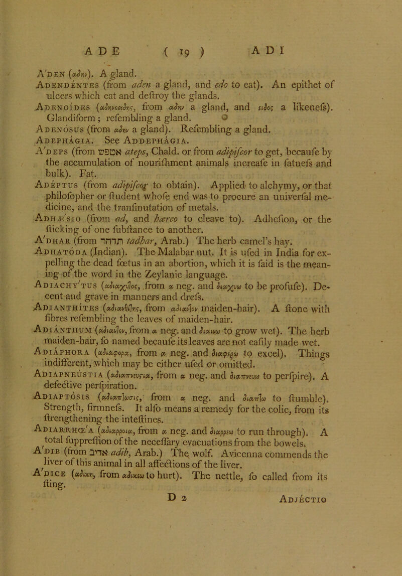 A'den (««W). A gland. Adendentes (from aden a gland, and edo to eat). An epithet of ulcers which eat and deflroy the glands. Adenoides (x2wo&$yg, from a$*v a gland, and eidog a likenefs). Glandiform ; refembling a gland. O Adenosus (from xSnv a gland). Refembling a gland. Adephagia. See Addephagia. A'deps (from ateps, Chald. or from adipifcor to get, becaufe by the accumulation of nourifhment animals increafe in fatnefs and bulk). Fat. Adeptus (from adipifcog to obtain). Applied' to alchymy, or that philofopher or fludent whofe end was to procure an univerfal me- dicine, and the tranfmutation of metals. Adhjssio (from and hcereo to cleave to). Adhefion, or the fticking of one fubflance to another. A'dhar (from imn tadhar, Arab.) The herb camel’s hay. Adhatoda (Indian). The Malabar nut. It is ufed in India for ex- pelling the dead foetus in an abortion, which it is faid is the mean- ing of the word in the Zeylanic language. Adiachy'tus from a neg. and Stx^vu to be profufe). De* cent and grave in manners and drefs. Adianthites (a<Jiai/0t7n?, from aSixf\ov maiden-hair). A ftone with fibres refembling the leaves of maiden-hair. Adianthum (ahuvlov, from ct neg. and Six 11/w to grow wet). The herb maiden-hair, fo named becaufe its leaves are not ealily made wet. Adiaphora (xSuxtpopx, from a neg. and Sioaptgu to excel). Things indifferent, which may be either ufed or omitted. Adiapneustia (xSmtvevriot, from a neg. and &«7mu« to perfpire). A defective perfpiration. Adiaptosis (rJiXTrfatns,' from a neg. and Jicnrh to ftumble). Strength, firmnefs. It alfo means a remedy for the colic, from its ftrengthening the inteflines. Adiarrhce'a (aJiappoia, from x neg. and Sixppzw to run through). A ^total fuppreffion of the neceffary evacuations from the bowels. A dib (from :thn adib, Arab.) The wolf. Avicenna commends the ^liver of this animal in all affedtions of the liver. A dice c»j, from xSmtu to hurt). The nettle, fo called from its fling. D a Adjectio