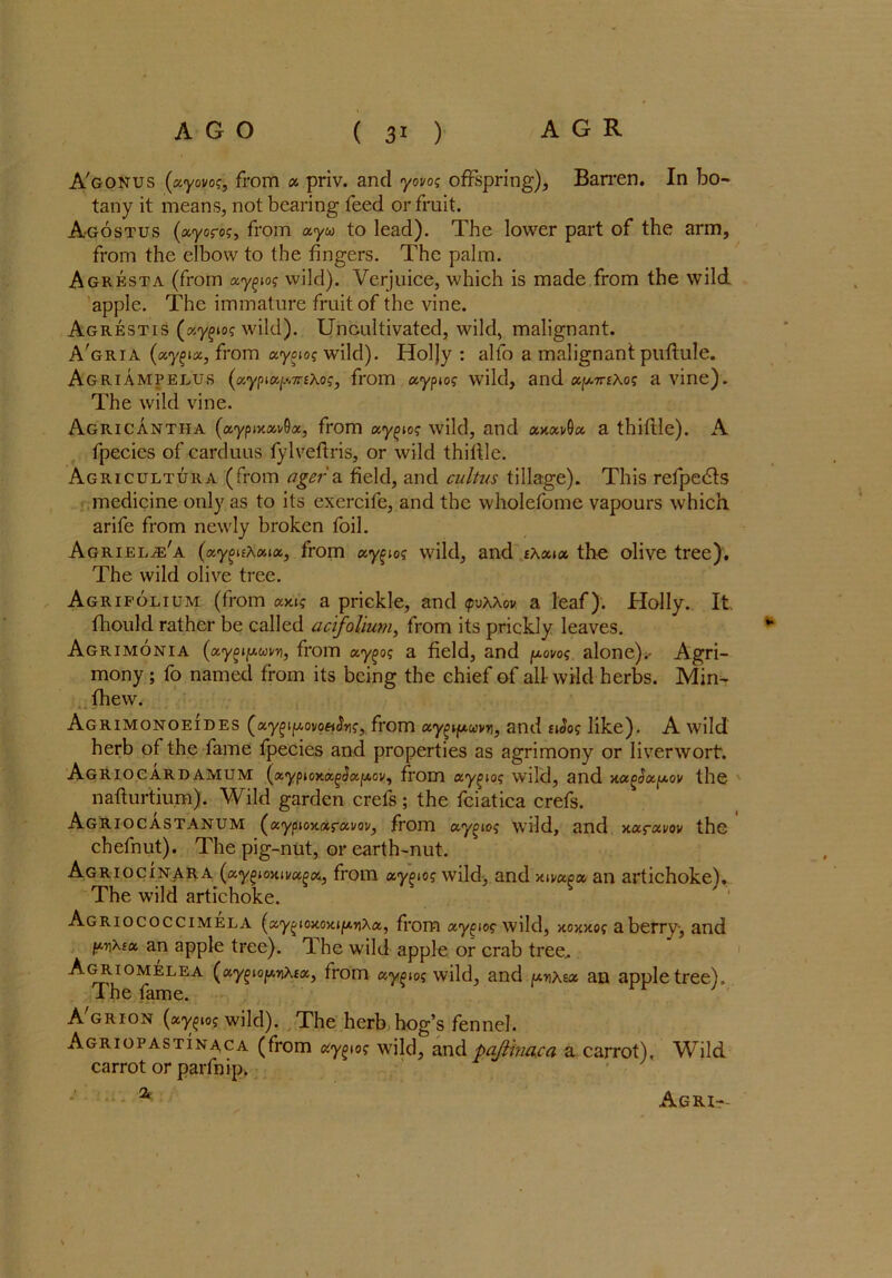 A'gonus (ayo^of, from « priv. anti yovo; offspring), Barren. In bo- tany it means, not bearing feed or fruit. Agostus (ayoro?, from ayw to lead). The lower part of the arm, from the elbow to the fingers. The palm. Agresta (from ay<nog wild). Verjuice, which is made from the wild apple. The immature fruit of the vine. Agrestis wild). Uncultivated, wild, malignant. A'gria (ccy^ia, from ccygiog wild). Hol]y : alfo a malignant puftule. Agriampelus (aypia/,*.7T£Aof, from aypio? wild, and ocpTrtXo; a vine). The wild vine. AgRICANTHA (aypixai/9a, from aypio? wild, and axavGa a thiftle). A fpecies of carduus fylveftris, or wild thillle. Agricultura (from ager a field, and cultns tillage). This refpedts medicine only as to its exercife, and the wholefome vapours which arife from newly broken foil. Agriel^e'a (ay^ifAaia, from ay^io? wild, and tXxiot the olive tree). The wild olive tree. Agrifolium (from axI? a prickle, and <pv,xxov a leaf). Holly. It, fhould rather be called acifolium, from its prickly leaves. Agrimonia (ay^ipiom, from ay^o? a field, and povoq alone).- Agri- mony ; fo named from its being the chief of all wild herbs. Min- fhew. Agrimonoeides (ay^if/.ovotiSns, from ccygifAuvn, and tiSos like). A wild herb of the fame fpecies and properties as agrimony or liverwort. AgRIOCARDAMUM (aypioxa^apwi', from ay^io? wild, and Hagoxfxov the naflurtium). Wild garden crefs; the fciatica crefs. Agriocastanum (aypiox«r«i/ov, from ay^io? wild, and xxrxvov the chefnut). The pig-nut, or earth-nut. Agriocinara (ay^ioxiifrom ay^io? wild, and xim^x an artichoke). The wild artichoke. Agriococcimela (ay^ioxoxipAfiXa, from aypio? wild, xoxxo? a berry-, and P-nAfa an apple tree). The wild apple or crab tree.. Agriomelea (xygiofxwXtx, from xyoioi; wild, and y.r)\ix an apple tree). The fame. A GRioN (aypio? wild). The herb hog’s fennel. Agriopastinaca (from xy^o; wild, and pajimaca a carrot), Wild carrot or parfnip. a \ Agri--