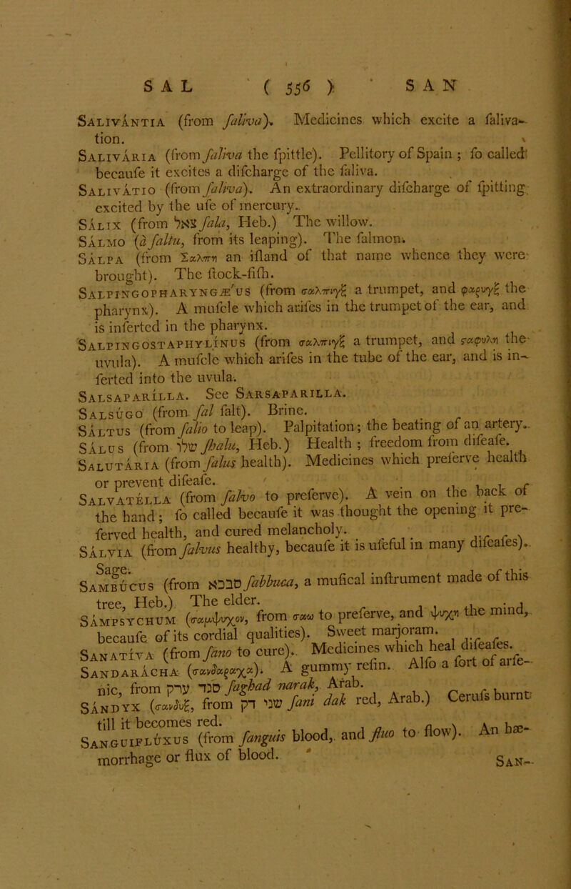 Salivantia (from faUva)-. Medicines which excite a faliva- tion. * Sahvaria (from faliva the fpittle). Pellitory of Spain ; fo called' becaufe it excites a difeharge of the faliva. Salivatio (from faliva). An extraordinary difeharge of {pitting excited by the ufe of mercury.. Salix (from fall, Heb.) The willow. Salmo {a faltuy from its leaping). The falmon. Salpa (from lax™ an ifland of that name whence they were brought). The ftock-fith. Salpingopharyng^us (from truimyg a trumpet, and the pharynx). A mufcle which arifes in the trumpet of the ear, and is infected in the pharynx. Salpingostaphylinus (from a-ax-n-iy^ a trumpet, and ra<pux»1 the uvula). A mufcle which arifes in the tube of the ear, and is in- fected into the uvula. Salsaparilla. See Sarsaparilla. Salsugo (from, fal fait). Brine. Saltus (from [alio to leap). Palpitation; the beating of an artery., Salus (from lbo Jbilu, Heb.) Health ; freedom from difeaie. Salutaria (from falus health). Medicines which prelerve health or prevent difeafe. ' . . , , c Salvatella (from falvo to preferve). A vein on the back of the hand; fo called becaufe it was thought the opening it pre- ferved health, and cured melancholy. .. ^ . Salvia (from falvus healthy, becaufe it isufeful m many difeales). SAAiBhccs (from a mufical inftrument mads of this tree, bleb.) The elder. . , Sampsychum {mm. ra t0 Preferve’and the mind> becaufe of its cordial qualities). Sweet marjoram. Sanativa (from/uae to cure). Sandaracha (<rav<^«%a)> A gumrri) reun. ** Atab.) Cerufs burne San nip” It fanguis blood,, and fluo to flow). An h«- morrhage or flux of blood.  San-