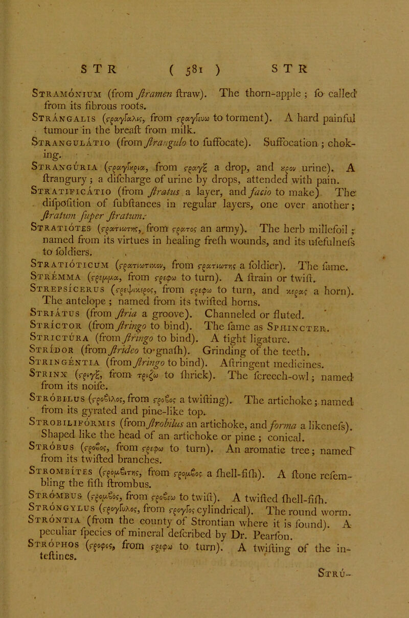 Stramonium (from firamen draw). The thorn-apple ; fo called' from its fibrous roots. Strangalis (rguytuXig, from rguyUvu to torment). A hard painful tumour in the bread from milk. Strangulatio (from firangulo to fuffocate). Suffocation ; chok- ing. - - Stranguria (g-guytyia, from a drop, and a^ov urine). A ftrangury ; a difcharge of urine by drops, attended with pain. Stratificatio (from Jlratus a layer, and faclo to make) The1 difpofition of fubftances in regular layers, one over another; Jiratum fuper Jlratum: Stratiotes from r^arog an army). The herb millefoil ;• named from its virtues in healing frefh wounds, and its ufefulnefs to foldiers. Stratioticum (r^aTiwnxov, from g-^xnuTYig a foldier). The fame. Stremma (r^p/^a, from rgetpa to turn). A drain or twift.. Strepsicerus from to turn, and xsga,$ a horn). The antelope ; named from its twifted horns. Striatus (from firia a groove). Channeled or fluted. Strictor (from firingo to bind). The fame as Sphincter. Strictura (from firingo to bind). A tight ligature. STRfuoR (from firideo to*gnafh). Grinding of the teeth. Stringentia (from firingo to bind). Aftringent medicines. Strinx (rfiyH? from' to flirick). The fcreech-owl; named from its noife. Strobilus (r^giAo?, from r§otog a twifting). The artichoke; named from its gyrated and pine-like topi Strobiliformis (from firobilus an artichoke, and forma a likenefs). Shaped like the head of an artichoke or pine ; conical. Strobus (rgoCog, from rgepu to turn). An aromatic tree; named from its twifted branches. Strombites (cfop&Tn, from r^og. a fhell-fifh). A fcone rcfem- bling the fifli ftrombus. Strombus (w&?, from r£«&w to twift). A twifted fhell-fifh. Strongylus (r^oyfvAog, from rfe-ylo? cylindrical). The round worm. Strontia (from the county of Strontian where it is found). A peculiar fpecics of mineral deferibed by Dr. Pearfon. Sirophos (rgotpcSf from to turn). A twifting of the in- teftines. & Stru-