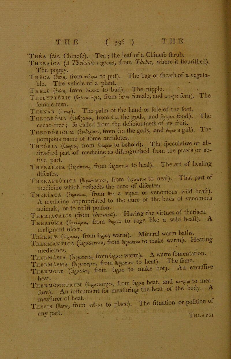 Tiiea {tee, Cbinefe). Tea ; the leaf of a Chincfe fhrub. Thebaica (a Tbebaide regione, from Theba, where it flourithed). The poppy. Theca (0wr, from rfapi to put). The bag or tbeath of a vegeta- ble. The veficle of a plant. Thele (Onx*, from 6»xxw to bud). The nipple. Ti-ielypteris (^0nXu7rrnflK, from GnXu? female, and ynr.oig fern). The female fern. Thenar (G^ap). The palm of the hand or foie of the foot. Tiieobroma (Oso^wpta, from Geoi the gods, and figou-x food). The cacao-tree; to called from the dchcioulnefs of its flint. Theodoricum {§io§o(>tx.ov, from 6e<h the gods, and ^01/a gift). The pompous name of fome antidotes. Theoria (Ofwpia, from Gew^ew to behold). The fpeculative or a ftradted part -of medicine as diftinguifhed from the praxis 01 ac- tive part. , r . .. Therapeia (0Ega7rfia, from Q^x-muu to heal). The art of healing difeafes. v, f Therapeutica (0£^«7r£UTi>ui, from-Oegairtuw to heal). 1 ia par o medicine which refpedts the cure of difeafes.' Theriaca from feiP a viper or venomous wild beaft). A medicine appropriated to the cure of the bites of venomous animals, or to refift poifon. _ , . Theriacalis (from theriaca). Having the virtues of thenac . Therioma (Gji^iw/xo., from 6to rage like a wi c ea ). Thermae (Ge^., from Oe^c warm). Mineral warm baths Thermantica (0£^avT«*, from ^xm to make warm). Heati & medicines. v . r . Thermasia (Geopxirix, from Ge^o? warm). A warm omen « Thekmasma from *r» ^‘hot) An exceffive Therm ole (&E£/xcoAn, from Ge^w to maKe nor;. ll CJlt Titermometrum (fyfxofxtrcov, from 0™ heat and to mea furc). An inftrument for mcafuring the heat ot the body. A Tillsls'from to place). The fituation or pofition of any part. - Thlapsi