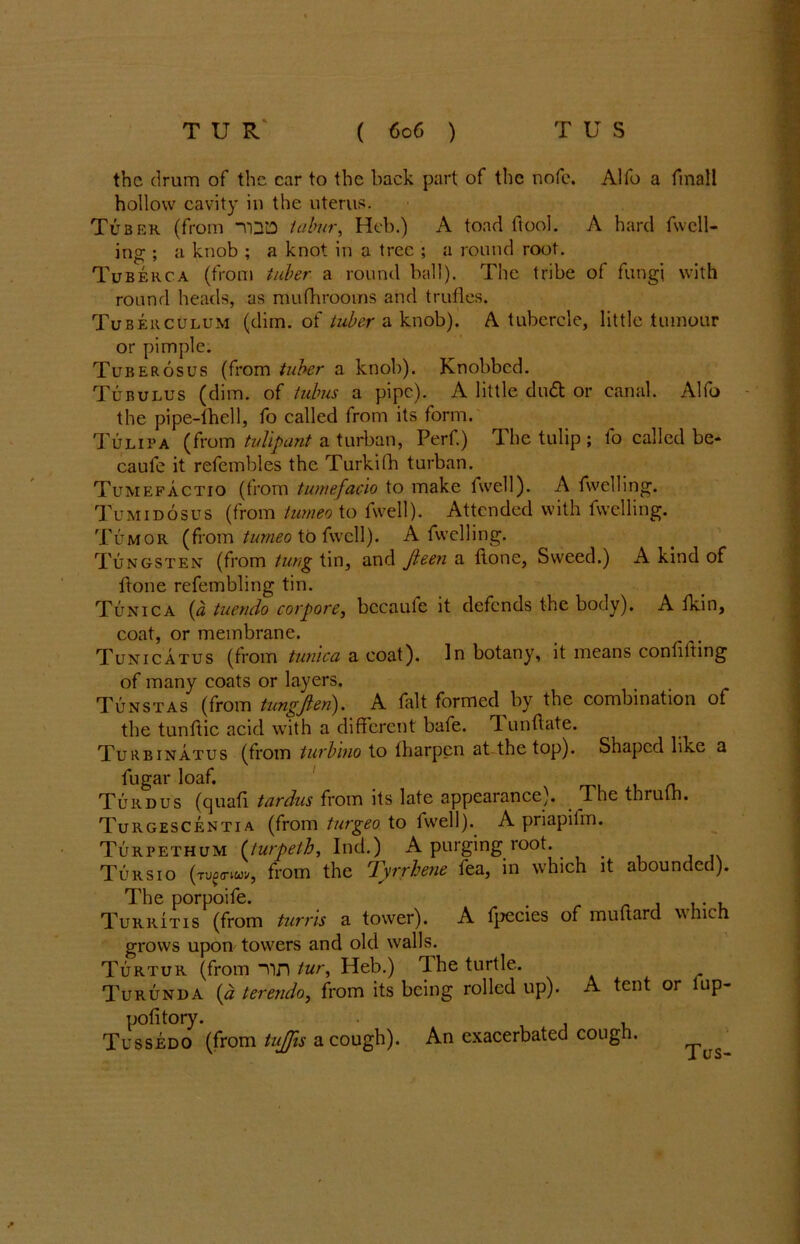 the drum of the. car to the back part of the nofe. Alfo a finall hollow cavity in the uterus. Tuber (from TQtD tabur, Heb.) A toad ftool. A hard fuell- ing; ; a knob ; a knot in a tree ; a round root. Tuberca (from tuber a round ball). The tribe of fungi with round heads, as mufhrooms and trufles. Tu berculum (dim. of tuber a knob). A tubercle, little tumour or pimple. Tuberosus (from tuber a knob). Knobbed. Tubulus (dim. of tubus a pipe). A little du£t or canal. Alfo the pipe-lhell, fo called from its form. Tulipa (from tulipunt a turban, Perf.) The tulip ; fo called be- caufe it refembles the Turkifh turban. Tumefactio (from tumefacio to make fwell). A fwelling. Tumidosus (from tumeo to fwell). Attended with fwelling. Tumor (from tumeo to fwell). A fwelling. Tungsten (from tung tin, and Jieen a flone, Sweed.) A kind of {tone refembling tin. Tunica (a tuendo corpore, bccaule it defends the body). A fkin, coat, or membrane. Tunicatus (from tunica a coat). In botany, it means confuting of many coats or layers. Tunstas (from tungjlen). A fait formed by the combination of the tunftic acid with a different bafe. Tunflate. Turbinatus (from turbino to tharpen at the top). Shaped like a fugar loaf. Turdus (quafi tardus from its late appearance). The thruth. Turgescentia (from turgeo to fwell). A priapilm. Turpethum (turpetb, Ind.) A purging root. Tursio (Tu^a-iw, from the Tyrrhene fea, in which it abounded). The porpoife. . . . , Turritis (from turns a tower). A fpecies of milliard which grows upon towers and old walls. Turtur (from ~nn tur^ Heb.) The turtle. Turunda (^ terendo, from its being rolled up). A tent or ltip- pofitory. . Tussedo (from tujfis a cough). An exacerbated cough.