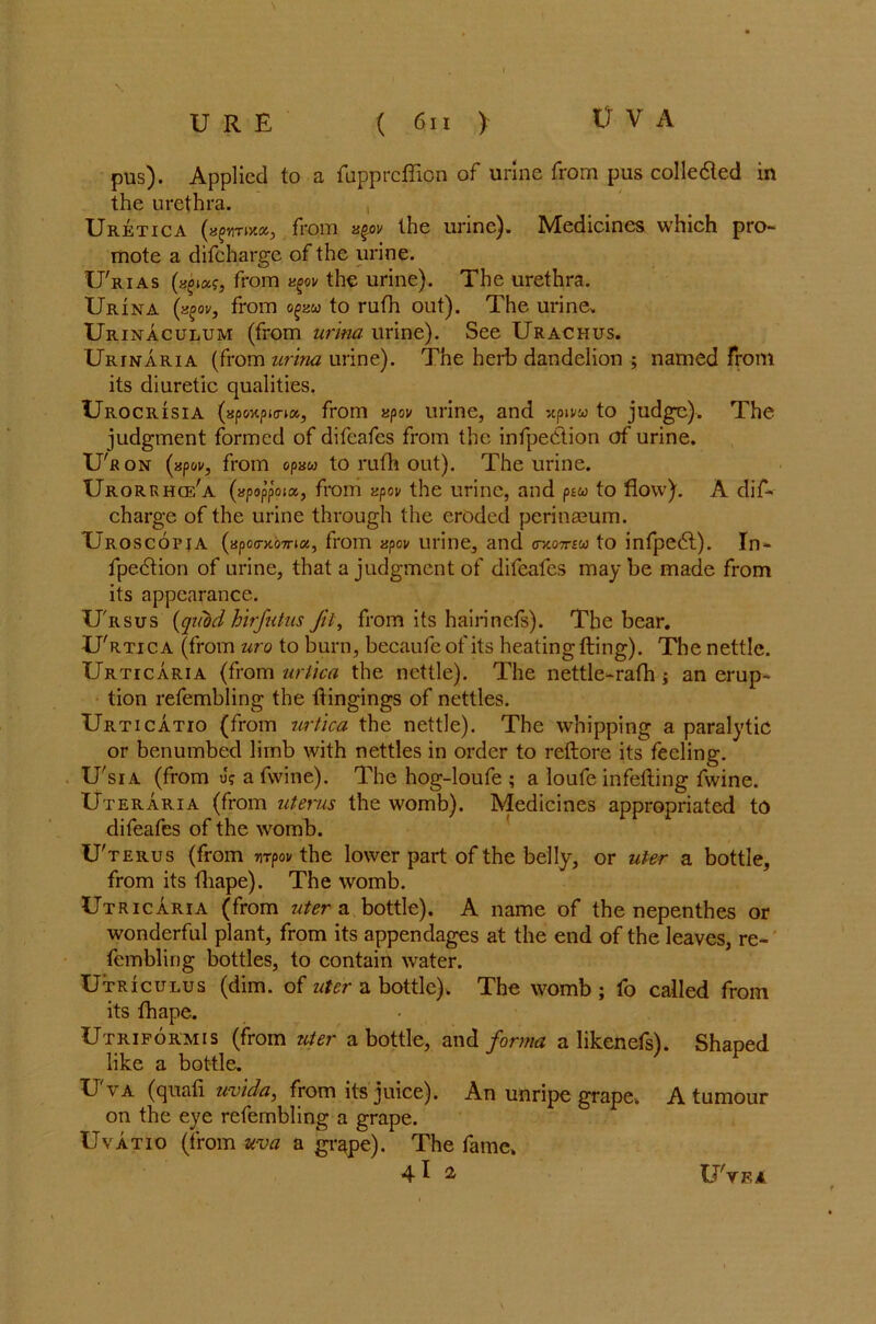 pus). Applied to a fupprcflion of urine from pus collected in the urethra. Uretica (ajtinxctj from x%ov the urine). Medicines which pro- mote a difcharge of the urine. U'rias (zgi«?, from t^ov the urine). The urethra. Urina (zgov, from o^u to ruth out). The urine* Urinaculum (from urina urine). See Urachus. Urinaria (from urina urine). The herb dandelion ; named front its diuretic qualities. Urocrisia (apoxpitna, from apov urine, and *pivu to judge). The judgment formed of difeafes from the infpection of urine. U'r on (upov, from opaoo to ruth out). The urine. Urorrhge'a (xpoppotx, from xpov the urine, and ptw to flow). A dif- charge of the urine through the eroded perinaeum. Uroscopja (apo<7K07na, from apov urine, and <ty.qttzu to infpedt). In- fpedtion of urine, that a judgment of difeafes may be made from its appearance. U'rsus {quod hirfutus Jil, from its hairinets). The bear. Urtica (from uro to burn, becaufeof its heating fling). The nettle. Urticaria (from urtica the nettle). The nettle-rafh j an erup- tion refembling the flingings of nettles. Urticatio (from urtica the nettle). The whipping a paralytic or benumbed limb with nettles in order to reftore its feeling. U'sia (from J? a fwine). The hog-loufe ; a loufe infefting fwine. Uteraria (from uterus the womb). Medicines appropriated to difeafes of the womb. U'terus (from nrpou the lower part of the belly, or uter a bottle, from its fliape). The womb. Utricaria (from uter a bottle). A name of the nepenthes or wonderful plant, from its appendages at the end of the leaves, re- fembling bottles, to contain water. Utriculus (dim. of uter a bottle). The womb ; fo called from its fhape. Utriformis (from uter a bottle, and forma a likenefs). Shaped like a bottle. Uva (qnati uvida, from its juice). An unripe grape. A tumour on the eye refembling a grape. Uvatio (from uva a grape). The fame, 4I 2 Uvea