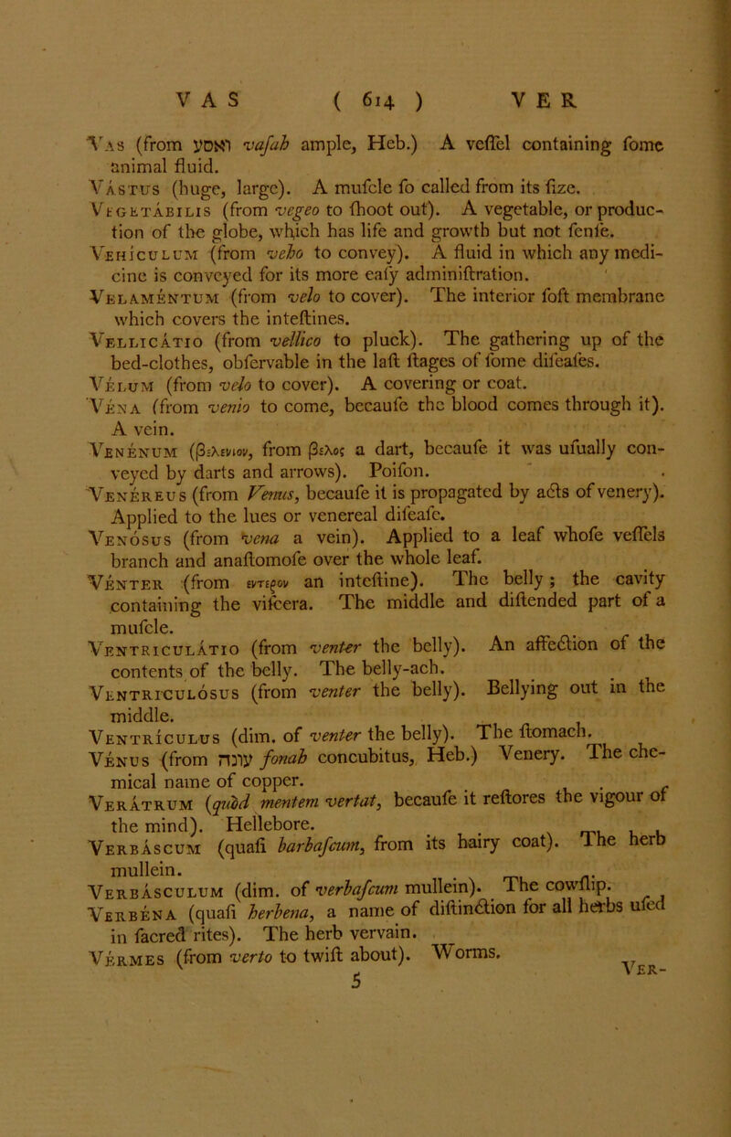 Yas (from VDN'l vafah ample, Heb.) A veffel containing fome animal fluid. Vastus (huge, large). A mufcle fo called from its fize. Vfc'GHTABiLis (from vegeo to (hoot out). A vegetable, or produc- tion of the globe, which has life and growth but not fenle. Vehjculum (from veho to convey). A fluid in which any medi- cine is conveyed for its more ealy adminiftration. Velamentum (from velo to cover). The interior foft membrane which covers the inteftines. Vellicatio (from vdlico to pluck). The gathering up of the bed-clothes, obfervable in the lafl ftages of fome difeafes. Velum (from velo to cover). A covering or coat. Vena (from venio to come, becaufe the blood comes through it). A vein. Venenum (p:\wiov, from (3*Xoc a dart, becaufe it was ufually con- veyed by darts and arrows). Poifon. Venereus (from Venus, becaufe it is propagated by a6ts of venery). Applied to the lues or venereal difeafe. Venosus (from hicna a vein). Applied to a leaf whofe vefTels branch and anaflomofe over the whole leaf. Venter (from an^ov an inteftine). The belly; the cavity containing the vifeera. The middle and diftended part of a mufcle. Ventriculatio (from venter the belly). An affe&ion of the contents of the belly. The belly-ach. Ventriculosus (from venter the belly). Bellying out in the middle. Ventriculus (dim. of venter the belly). The flomach. Venus (from miy fonah concubitus, Heb.) Venery. The che- mical name of copper. . Veratrum (quod mentem vertat, becaufe it reftores the vigour ot the mind). Hellebore. _ , Verbascum (quali barbafeum, from its hairy coat), lhe herb mullein. Verbasculum (dim. of verbafeum mullein). The covvuip. Verbena (quafi herbena, a name of diftindion for all herbs ufed in facrecl rites). The herb vervain. Vermes (from verto to twill about). Worms. 5 Ver-