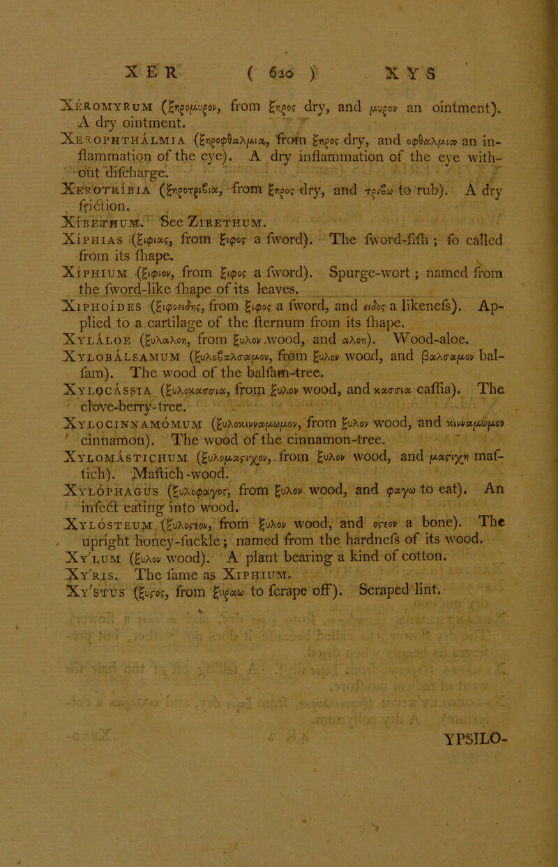 Xeromyrum (Zngopvgov, from oj dry, and /jiv^ov an ointment). A dry ointment. Xerophthalmia 'from £n£o? dry, and o<p&a\y.u» an in- flammation of the eye). A dry inflammation of the eye with- out difeharge. Xebotribia (^^oTgiSi«, from gi^o? dry, and rotCw to rub). A dry ffidtion. XrBETHUM. SeeZlBETHUM. Xiphias (£«pia?, from a fword). The fvvord-fifh ; fo called from its fliape. Xiphium (gup>ov, from giipos a fword). Spurge-wort; named from the fword-like fhape of its leaves. Xiphoides (£kpoet^g, from gupo? a fword, and «Jb? a likenefs). Ap- plied to a cartilage of the fternum from its lhape. Xylaloe (£u.\aXon, from £uXoi/.wood, and axon). Wood-aloe. XYLOBALSAMUM (%u\o€x\<rccfxov, from £uXov wood, and (3xX<rx[xov bal- fam). The wood of the balfam-tree. Xylocassia (£uXoxx<rcriu, from £uXoi/ wood, and xxa-mx caflia). The clove-berry-tree. Xylocinnamomum (%u\ox.iwa[Mfs.ov, from £uXo!/ wrood, and xiwajtA&yAOP ' cinnamon). The wood of the cinnamon-tree. Xylomastichum (fcvXoy.xfLyoi/). from £u\ov wood, and pxrixv maf- tich). Maftich-wood. Xylophagus (^uXo<p«yof, from £uxov wood, and <pxyu to eat). An infedt eating into wood. Xylosteujm (£uXorfov, from Zv\ov wood, and oreov a bone). The . upright honey-fuckle; named from the hardnefs of its wood. Xy'lum (fcuXov wood). A plant bearing a kind of cotton. Xy'ris. The fame as Xiphium. Xy'stus (tjuro?, from tyau to ferape off). Scraped lint. YPSILO-