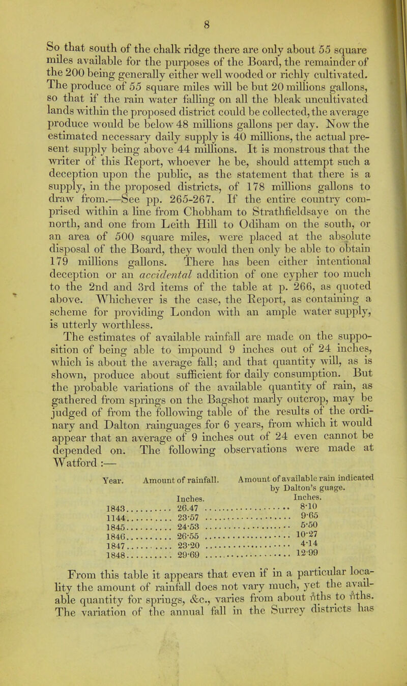 So that south of the chalk ridge there are only about 55 square miles avaUahle for the purposes of the Board, the remainder of the 200 being generally either well wooded or richly cultivated. The produce of 55 square miles will be but 20 millions gallons, so that if the rain water falling on all the bleak uncultivated lands wdthin the proposed district coidd be collected, the average produce would be below 48 millions gallons per day. Now the estimated necessary daily supply is 40 millions, the actual pre- sent supply being above 44 millions. It is monstrous that the witer of this Report, whoever he be, should attempt such a deception upon the public, as the statement that there is a supply, in the proposed districts, of 178 millions gallons to draw from.—See jq:). 265-267. If the entire country com- prised within a line from Chobham to Strathfieldsaye on the north, and one from Leith Hill to Odiham on the south, or an area of 500 square miles, were placed at the absolute disposal of the Board, they would then only be able to obtain 179 millions gallons. There has been either intentional deception or an accidental addition of one cjqiher too much to the 2nd and 3rd items of the table at p. 266, as quoted above. I^diichever is the case, the Report, as containing a scheme for providing London wth an ample water supply, is utterly worthless. The estimates of available rainfall are made on the suppo- sition of being able to impound 9 inches out of 24 inches, which is about the average fall; and that quantity wiU, as is shown, produce about sufficient for daily consumption. ^ But the jDrobable variations of the available quantity of rain, as gathered from springs on the Bagshot marly outcrop, may be judged of from the foUoArtng table of the results of the ordi- nary and Dalton rainguages for 6 years, from which it would appear that an average of 9 inches out of 24 even cannot be depended on. The following observations were made at Watford :— Year. Amount of rainfall. Amount of available rain indicatetl by Dalton’s guage. Inches. Inches. 1843 26.47 8-10 1144 23-57 9 65 1845 24-53 5-50 1840 26-55 10-27 1847 23-20 4-14 1848 29-69 12 99 From this table it appears that even if in a particidar loca- lity the amount of rainfall does not vary much, yet the able quantity for spi'ings, &c., varies from about irths to iHhs. The variation of the annual fall in the Surrey districts has