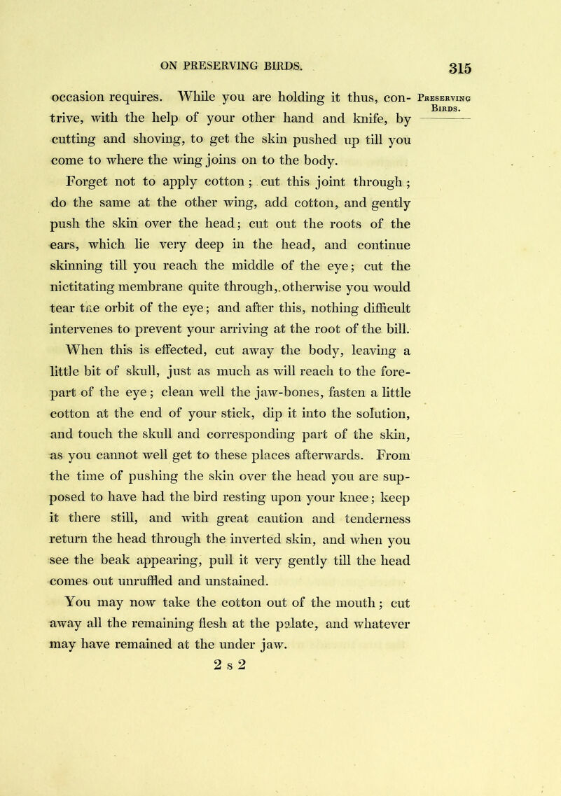 occasion requires. While you are holding it thus, con- trive, with the help of your other hand and knife, by cutting and shoving, to get the skin pushed up till you come to where the wing joins on to the body. Forget not to apply cotton; cut this joint through ; do the same at the other wing, add cotton, and gently push the skin over the head; cut out the roots of the ears, which lie very deep in the head, and continue skinning till you reach the middle of the eye; cut the nictitating membrane quite through,.otherwise you would tear tae orbit of the eye; and after this, nothing difficult intervenes to prevent your arriving at the root of the bill. When this is effected, cut away the body, leaving a little bit of skull, just as much as will reach to the fore- part of the eye; clean well the jaw-bones, fasten a little cotton at the end of your stick, dip it into the solution, and touch the skull and corresponding part of the skin, as you cannot well get to these places afterwards. From the time of pushing the skin over the head you are sup- posed to have had the bird resting upon your knee; keep it there still, and with great caution and tenderness return the head through the inverted skin, and when you see the beak appearing, pull it very gently till the head comes out unruffled and unstained. You may now take the cotton out of the mouth; cut away all the remaining flesh at the palate, and whatever may have remained at the under jaw. 2 s 2 Preserving