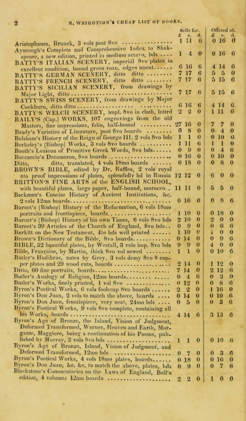 Aristophanes, Brunch, 3 vols post 8vo * * * * * Ayscough’s Complete and Comprehensive Index to 8hak- speare, a new edition, printed in medium octavo, bds BATTY’S ITALIAN SCENERY, imperial 8vo plates in excellent condition, bound green roan, edges uncut BATTY’S GERMAN SCENERY, ditto ditto BATTY’S FRENCH SCENERY, ditto ditto BATTY’S SICILIAN SCENERY, from drawings by Major Light, ditto BATTY’S SWISS SCENERY, from drawings by Major Cockburn, ditto ditto BATTY’S WELCH SCENERY, impl. 8vo in cloth, lettrd BAILY’S (Cap.) WORKS, 107 engravings from the old Masters, fine impressions, folio, half-bound Brady’s Varieties of Literature, post 8vo boards Belsham’s History of the Reign of George III. 2 vols 8vo bds Berkeley’s (Bishop) Works, 3 vols 8vo boards Booth’s Lexicon of Primitive Greek Words, Svo bds Boccaccio’s Decameron, Svo boards Ditto, ’ ditto, translated, 4 vols 18mo boards BROWN’S BIBLE, edited by Dr. Raffles, 2 vols royal 4to proof impressions of plates, splendidly bd in Russia BRITTON’S FINE ARTS of the ENGLISH SCHOOL, with beautiful plates, large paper, half-bound, morocco.. Beckman’s Concise History of Ancient Institutions, kc. 2 vols 12mo boards Burnet’s (Bishop) History of the Reformation, 6 vols 18mo portraits and frontispiece, boards Burnet’s (Bishop) History of bis own Times, 6 vols Svo bds Burnet’s 39 Articles of the Church of England, Svo bds.. Burkitt on the New Testament, 4to bds well printed Brown’s Dictionary of the Bible, Svo boards BIBLE, 32 beautiful plates, by Westall, 3 vols imp. Svo bds Bible, Fran^aise, by Martin, thick Svo vol sewed Butler’s Hudibras, notes by Grey, 3 vols demy Svo 8 cop- per plates and 29 wood cuts, boards Ditto, CO fine portraits, boards Butler’s Analogy of Religion, 12mo boards Butler’s Works, finely printed, 1 vol 8vo Byron’s Poetical Works, G vols foolscap 8vo boards Byron’s Don Juan, 2 vols to match the above, boards .... Byron’s Don Juan, frontispiece, very neat, 24mo bds .... Byron’s Poetical Works, 9 vols Svo complete, containing all his Works, boards Byron’s Age of Bronze, the Island, Vision of Judgment, Deformed Transformed, Werner, Heaven and Earth, Mor- gante, Maggiore, being a continuation of bis Poems, pub- lished by Murray, 2 vols Svo bds Byron’s Age of Bronze, Island, Vision of Judgment, and Deformed Transformed, 12mo bds Byron’s Poetical Works, 4 vols lSino plates, boards Byron’s Don Juan, kc. kc. to match the above, plates, bds Blackstone’s Commentaries on the Laws of England, Bell’s edition, 4 volumes 12mo boards Kills for. Offer ci of. £ s. d. £ 8. d. 1 11 6 0 16 0 1 4 0 0 16 6 6 16 6 4 14 6 7 17 6 5 5 0 7 17 6 5 15 G 7 17 6 5 15 6 6 1C 6 4 14 6 2 2 0 1 11 6 27 16 0 7 7 0 0 8 0 0 4 0 1 1 0 0 10 O 1 11 6 1 1 O 0 9 0 0 4 6 0 16 0 0 10 0 0 18 0 0 8 0 12 12 0 6 0 0 11 11 0 5 5 0 0 16 0 0 8 6 1 10 0 0 18 0 2 10 0 2 0 O 0 9 0 0 6 6 1 10 (f i 0 0 0 14 0 0 9 6 9 9 0 4 0 0 1 1 0 0 10 6 2 14 0 1 12 0 7 14 0 2 12 6 0 4 6 0 3 O 0 12 0 0 8 6 2 2 0 I 16 0 0 14 0 0 10 6 0 5 0 0 3 6 4 14 6 3 13 6 1 1 0 0 10 6 0 7 0 0 3 6 0 18 0 0 16 0 0 9 0 0 7 6 2 2 0 1 0 0