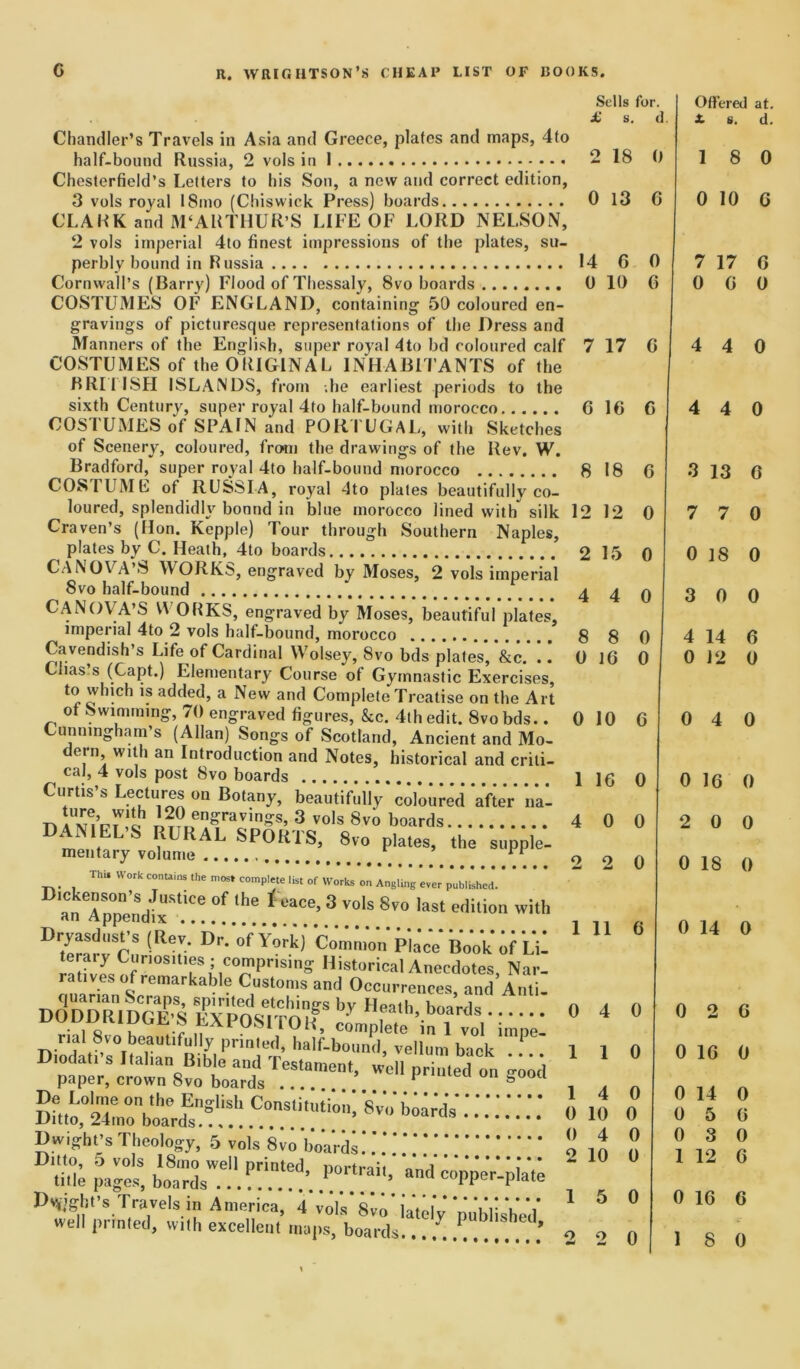 Chandler’s Travels in Asia and Greece, plates and maps, 4to half-bound Russia, 2 vols in 1 2 Chesterfield’s Letters to his Son, a new and correct edition, 3 vols royal 18ino (Chiswick Press) boards 0 CLARK and M‘ARTHUR’S LIFE OF LORD NELSON, 2 vols imperial 4to finest impressions of the plates, su- perbly bound in Russia 14 Cornwall’s (Barry) Flood of Thessaly, 8vo boards 0 COSTUMES OF ENGLAND, containing 50 coloured en- gravings of picturesque representations of the Dress and Manners of the English, super royal 4to bd coloured calf COSTUMES of the ORIGINAL INHABITANTS of the BRI1 ISH ISLANDS, from -.he earliest periods to the sixth Century, super royal 4to half-bound morocco 6 COSTUMES of SPAIN and PORTUGAL, with Sketches of Scenery, coloured, from the drawings of the Rev. W. Bradford, super royal 4to half-bound morocco 8 COSTUME of RUSSIA, royal 4to plates beautifully co- loured, splendidly bound in blue morocco lined with silk Craven’s (Hon. Kepple) Tour through Southern Naples, plates by C. Heath, 4to boards CANOVA’S WORKS, engraved by Moses, 2 vols imperial Svo half-bound CANOVA’S V\ ORKS, engraved by Moses, beautiful plates, imperial 4to 2 vols half-bound, morocco 8 Cavendish’s Lite of Cardinal Wolsey, Svo bds plates, &c. .. Cius s (Gapt.) Elementary Course of Gymnastic Exercises, to which is added, a New and Complete Treatise on the Art ot Swimming, 70 engraved figures, &c. 4th edit. Svo bds.. Cunningham’s (Allan) Songs of Scotland, Ancient and Mo- dern with an Introduction and Notes, historical and criti- cal, 4 vols post Svo boards Curtis’s Lectures on Botany, beautifully* coloured after* n’al n n20 engravings, 3 vols Svo boards 4 te,!,aryS,or„,»AL. ^ 0 _ ThU Work contains the most complete list of Works on Angling ever published. anTppendfx1106 ^ ^ *CaC6’ 3 V°ls 8v° last edition with Dryasdust’s (Rev.* b’r’.’o’f Yoik) Common PlacV Book of Lil terary Curiosities ; comprising Historical Anecdotes Nar- ratives of remarkable Customs and Occurrences, and’Anti. nnnoDnmna,1S’ spirited etchings bv Heath DODDRIDGE’S EXPOSITOR. Sells for. Offered at. £ s. d. X s. d. 2 18 0 1 8 0 0 13 G 0 10 G 14 6 0 7 17 G 0 10 6 0 G 0 7 17 G 4 4 0 G 16 G 4 4 0 8 18 6 3 13 G 12 12 0 7 7 0 2 15 0 0 18 0 4 4 0 3 0 0 8 8 0 4 14 G 0 1G 0 0 12 0 0 10 6 0 4 0 1 16 0 0 IG 0 4 0 0 2 0 0 o 2 0 0 18 0 1 11 6 0 14 0 rial 8vo bea„tif„lly priau^ ta*,B,pfc De Lolme on the En Ditto, 24mo boards. ~‘tiUe pages boardsT.. ?T.^’. P0*™’’ and C0PPer-plate Dwight’s Travels in America, 4 vols’ Svo* iatolV ’published* well printed, with excellent maps, boards..... PUD,lstied» 0 4 0 0 2 6 1 1 0 0 16 0 1 4 0 0 14 0 0 10 0 0 5 G 0 4 0 0 3 0 2 10 0 1 12 G 1 5 0 0 16 6 o o