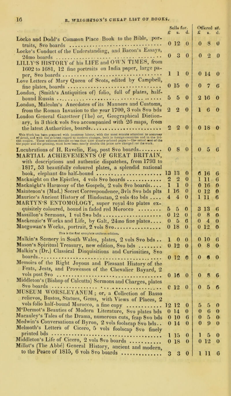 Locko and Dodd’s Common Place Book to the Bible, por- traits, 8vo boards Locke’s Conduct of the Understanding, and Bacon’s Essays, 24mo boards LILLY’S HISTORY of his LIFE and OWN TIMES, from 1G02 to 1081, 12 fine portraits on India paper, large pa- per, 8vo boards Love Letters of Mary Queen of Scots, edited by Campbell, fine plates, boards London, (Smith’s Antiquities of) folio, full of plates, half- bound Russia London, Malcolm’s Anecdotes of its Manners and Customs, from the Roman Invasion to the year 1700, 3 vols 8vo bds London General Gazetteer (The) or, Geographical Diction- ary, in 3 thick vols 8vo accompanied with 20 maps, from the latest Authorities, boards This Work has been prepared with immense labour, with the most minute attention to accuracy f>f detail, and with the strictest regard to modern changes, both in foreign countries and in the Bri- tish empire. These volumes Contain no less than 2300 closely-printed pages !—Th* actual west of the the paper and the printing, must have been nearly double the price now charged ior the work. Lucubrations of LI. Ravelin, Esq. post 8vo boards MARTIAL ACHIEVEMENTS OF GREAT BRITAIN, with descriptions and authentic dispatches, from 1793 to 1817, 53 beautifully coloured plates, a splendid national book, elephant 4to half-bound Macknight on the Epistles, 4 vols 8vo boards Macknight’s Harmony of the Gospels, 2 vols 8vo boards.... Maintenon’s (Mad.) Secret Correspondence, 3vls 8vo bds pits Maurice’s Ancient History of Hindostan, 2 vols 4to bds .... MARTYN’S ENTOMOLOGY, super royal 4to plates ex- quisitely coloured, bound in faded red Morocco Massillon’s Sermons, 1 vol Svo bds Mackenzie’s Works and Life, by Galt, 24mo fine plates.... Macgowan’s Works, portrait, 2 vols Svo Thi« is the first complete uniform edition. Malkin’s Scenery in South Wales, plates, 2 vols Svo bds .. Mason’s Spiritual Treasury, new edition, 8vo bds Malkin’s (Dr.) Classical Disquisitions and Curiosities, Svo boards Memoirs of the Right Joyous and Pleasant History of the Feats, Jests, and Prowesses of the Chevalier Bayard, 2 vols post Svo Middleton’s (Bishop of Calcutta) Sermons and Charges, plates 8vo boards MUSEUM WORSLEYANUM ; or, a Collection of Basso relievos, Bustos, Statues, Gems, with Views of Places, 2 vols folio half-bound Morocco, a fine copy M'Dermot’s Beauties of Modern Literature, Svo plates bds Macauley s Tales of the Drama, numerous cuts, fcap Svo bds Medwin’s Conversations of Byron, 2 vols foolscap Svo bds.. Melmoth s Letters of Cicero, 5 vols foolscap Svo finely printed bds Middleton’s Life of Cicero, 2 vols 8vo boards .* Millot’s (The Abbe) General History, ancient’and modern Selin for. Offered af. £ s. d. £ s. d. 0 12 0 0 8 0 0 3 0 0 2 0 1 1 0 0 14 0 0 15 0 0 7 6 5 5 0 2 16 0 2 o 0 1 6 0 2 2 0 0 18 0 0 8 0 0 5 6 3 13 0 6 16 6 2 o — 0 1 11 6 1 1 0 0 16 0 I 16 0 0 12 0 4 4 0 1 11 6 5 5 0 3 13 6 0 12 0 0 8 0 0 5 0 0 4 0 0 18 0 0 12 0 1 0 0 0 10 6 0 12 0 0 8 0 0 12 0 0 6 0 0 16 0 0 8 6 0 12 0 0 5 6 2 12 0 5 5 0 0 14 0 0 6 0 0 10 6 0 5 0 0 14 0 0 9 0 l 15 0 1 5 0 0 IS 0 0 12 0