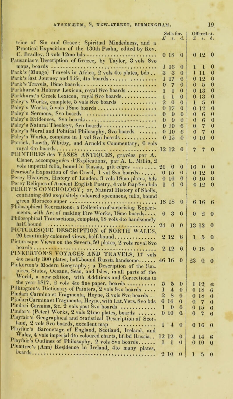 Sells for. £ s. d. trine of Sin and Grace: Spiritual Mindedness, and a Practical Exposition of the 130th Psalm, edited by Rev. C. Bradley, 3 vols 12mo bds 0 18 0 Pausanias’s Description of Greece, by Taylor, 3 vols 8vo maps, boards ] 1G 0 Park's (Mungo) Travels in Africa, 2 vols 4to plates, bds .. 3 3 0 Park’s last Journey and Life, 4to boards 1 17 G Park’s Travels, 18mo boards 0 7 0 Parkhurst’s Hebrew Lexicon, royal 8vo boards 1 1 0 Parkhurst’s Greek Lexicon, royal 8vo boards 110 Paley’s Works, complete, 5 vols 8vo boards 2 0 0 Paley’s Works, 5 vols 18mo boards 0 17 0 Paley’s Sermons, 8vo boards 0 9 0 Paley’s Evidences, 8vo boards 0 9 0 Paley’s Natural Theology, 8vo boards 0 10 G Paley’s Moral and Political Philosophy, Svo boards 0 10 G Paley’s Works, complete in 1 vol Svo boards 0 15 0 Patrick, Lovvth, Whitby, and Arnold’s Commentary, G vols royal 4to boards 12 12 0 PE1NTURES des VASES ANTIQUES, gravees par A. Clener, accompagn^es d’Explications, par A. L. Milltn, 2 vols imperial folio, bound in Russia, gilt edges 21 0 0 Pearson’s Exposition of the Creed, 1 vol Svo boards 0 15 0 Percy Histories, History of London, 3 vols ISmo plates, bds 0 1G 0 Percy Reliques of Ancient English Poetry, 4 vols fcap Svo bds X 4 0 PERRY’S CONCHOLOGY; or, Natural History of Shells, containing 450 exquisitely coloured specimens, folio, bound green Morocco super 18 IS 0 Philosophical Recreations; a Collection of surprising Experi- ments, with Art of making Fire Works, lSino boards.... 0 3 G Philosophical Transactions, complete, 18 vols 4to handsomely half-bound 04 0 q PICTURESQUE DESCRIPTION of NORTH WALES, * 20 beautifully coloured views, half-bound 2 12 6 Picturesque Views on the Severn, 50 plates, 2 vols royal 8vo boards 2 12 G PINKERTON’S VOYAGES AND TRAVELS, 17 vols 4to nearly 300 plates, half-bound Russia handsome 4G 1G 0 Pinkerton’s Modern Geography; a Description of the Em- pires, States, Oceans, Seas, and Isles, in all parts of the World, a new edition, with Additions and Corrections to the year 1817, 2 vols 4to fine paper, boards 5 5 0 Pilkiugton’s Dictionary of Painters, 2 vols Svo boards .... 1 4 0 Pindari Carmina et Fragmenta, Heyne, 3 vols 8vq boards . . 2 8 0 PindariCarminaetFragmenta, Heyne, with Lat.Vers. Svo bds 0 16 0 Pindari Carmina, &c. 2 vols post 8vo boards 1 0 0 Pindar’s (Peter) Works, 2 vols 24ino plates, boards 0 10 0 Playfair’s Geographical and Statistical Description of Scot- land, 2 vols 8vo boards, excellent map 1 4 0 Playfair’s Baronetage of England, Scotland, Ireland, and Wales, 4 vols imperial 4fo coloured charts, hf-bd Russia.. 12 12 0 Playfair’s Outlines of Philosophy, 2 vols Svo boards 1 1 0 Plutniree’s (Ann) Residence in Ireland, 4to many plates, boards 2 10 0 Offered at. £ a. d. 0 12 0 1 1 0 1 11 G 0 12 0 0 5 0 0 13 0 0 13 0 15 0 0 12 0 0 6 0 0 G 0 0 7 0 0 7 0 0 10 0 7 7 0 1G 0 0 0 12 0 0 10 G 0 12 0 6 16 G 0 2 0 13 13 0 15 0 0 18 0 23 0 0 1 12 a 0 18 G 0 18 0 0 7 0 0 15 G 0 7 6 0 16 0 4 14 6 0 10 0