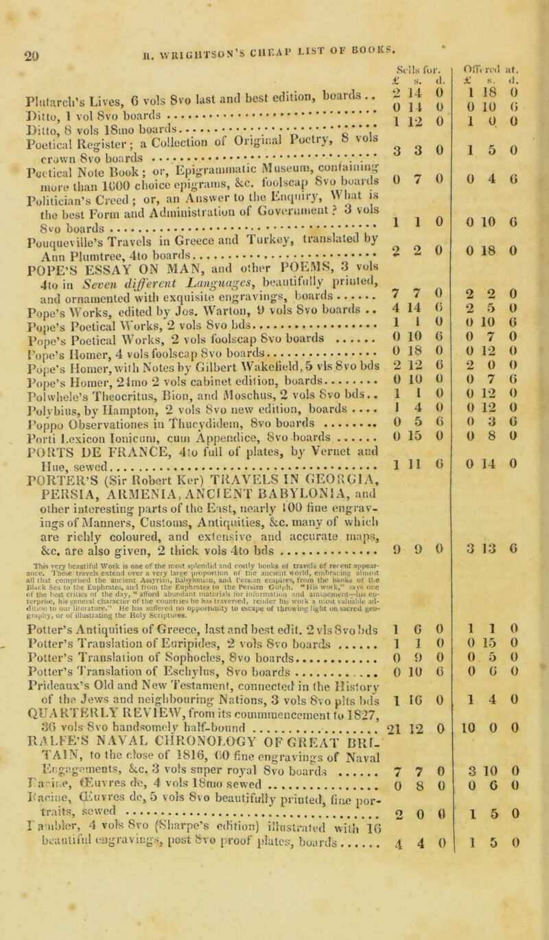 list of books. Plutarch’s Lives, 6 vols 8vo last and best edition, boards .. Ditto, 1 vol Svo boards * Ditto, 8 vols 18ino boards c * ’ V Poetical Register; a Collection of Original Poetry, b vols crown Svo boards Poetical Note Book; or. Epigrammatic Museum, containing more than 1000 choice epigrams, &c. ioolscap bvo boards Politician’s Creed ; or, an Answer to the Enquiry, What is the best Form and Administration of Government ? 3 vols 8co boards Pouqueville’s Travels in Greece and Turkey, translated by Ann Plumtree, 4to boards POPE’S ESSAY ON MAN, and other POEMS, 3 vols 4to in Seven different Languages, beautifully printed, and ornamented with exquisite engravings, boards Pope’s Works, edited by Jos. Warton, 0 vols Svo boards .. Pope’s Poetical Works, 2 vols Svo bds Pope’s Poetical Works, 2 vols foolscap Svo boards Pope’s Homer, 4 vols foolscap Svo boards Pope’s Ilomer, with Notes by Gilbert Wakefield, 5 vis Svo bds Pope’s Homer, 24ino 2 vols cabinet edition, boards Pol whole’s Theocritus, Bioti, and Moschus, 2 vols Svo bds.. Polybius, by Hampton, 2 vols Svo new edition, boards Poppo Observationes in Thucydidem, Svo boards Porti Lexicon Ionicum, cum Appendice, Svo boards PORTS DE FRANCE, 4to full of plates, by Vernet and 11 no sowed.,.• PORTER’S (Sir Robert Ker) TRAVELS IN GEORGIA, PERSIA, ARMENIA, ANCIENT BABYLONIA, and other interesting parts of the East, nearly 100 fine engrav- ings of Manners, Customs, Antiquities, &c. many of which are richly coloured, and extensive and accurate maps. See. are also given, 2 thick vols 4to bds This very beautiful Work is one of the most splendid and costly books of travels of recent appear- ance. These travels extend over a very laige proportion of the ancient world, embracing almost all that comprised the ancient Assyrian, Babylonian, and Persian empires, from tire banks of the Black Sea to the Euphrates, and from the Euphrates to the Peisinn Gulph. “His woik,” rays one of the best critic’s or the day, “ afford abundant materials for information and amusement-7-his en- terprise, his general character of the countiies he has traversed, render his woik a most valuable ad- dition to ouHireiature.” He has suffered no oppoitunity to escape of throwing light on sacred geo- graphy, or of illustrating the Holy Scriptures. Potter’s Antiquities of Greece, last and best edit. 2 vis Svo bds Potter’s Translation of Euripides, 2 vols Svo boards Potter’s Translation of Sophocles, Svo boards Potter’s Translation of Eschylus, Svo boards Prideaux’s Old and New Testament, connected in the History of the Jews and neighbouring Nations, 3 vols Svo pits bds QUARTERLY RE v JEW,from its coimmnencement to 1827, 36 vols Svo handsomely half-bound RALFE’S NAVAL CHRONOLOGY OF GREAT BRI- TAIN, to the close of 1816, 60 fine engravings of Naval Engagements, See. 3 vols super royal Svo boards Fa cine, (Euvres do, 4 vols 18mo sewed Racine, (Euvres do, 5 vols Svo beautifully printed, fine por- traits, sewed Rambler, 4 vols Svo (Sharpe’s edition) illustrated with 16 beautiful engravings, post Svo proof plates, boards Sells for. OflVml at. £ s. (i. £ 8. <1. 2 14 0 1 18 0 0 14 0 0 10 () 1 12 0 1 0 0 3 3 0 1 5 0 0 7 0 0 4 6 1 1 0 0 10 G o 2 0 0 18 0 7 7 0 2 2 0 4 14 () 2 5 O 1 1 0 0 10 G 0 10 6 0 7 0 0 IS 0 0 12 0 2 12 6 2 0 O 0 10 0 0 7 G 1 1 0 0 12 0 1 4 0 0 12 0 0 5 6 0 3 0 0 15 0 0 8 0 1 11 6 0 14 0 9 9 0 3 13 G 1 G 0 1 1 0 1 1 0 0 15 0 0 9 0 0 5 0 0 10 6 0 0 0 1 16 0 1 4 0 21 12 0 10 0 0 *** 4 7 0 3 10 0 0 8 0 0 G 0 o 0 0 1 5 0 4 4 0 1 5 0