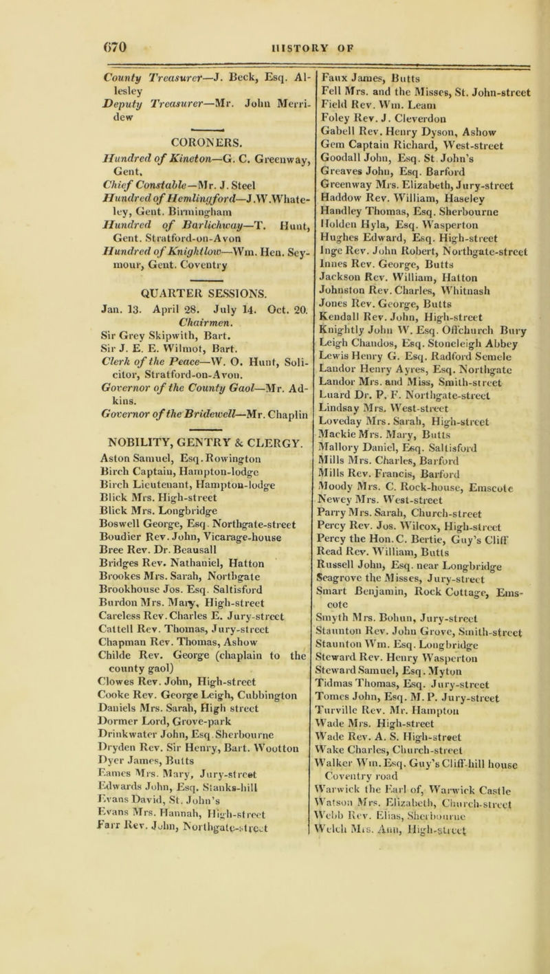 County Treasurer—J. Beck, Esq. Al- Iesley Deputy Treasurer—Mr. Jolm Mem- dew CORONERS. Hundred of Kinet on—G. C. Greenway, Gent, Chief Constable—Mr. J. Steel Hundred of Hcmlinyford—J .W .Whate- ley, Gent. Birmingham Hundred of Barlichway—T. Hunt, Gent. Stratford-on-Avon Hundred of Knightlow—VVm. Hen. Sey- mour, Gent. Coventry QUARTER SESSIONS. Jan. 13. April 28. July 14. Oct. 20. Chairmen. Sir Grey Skipwith, Bart. Sir J. E. E. VVilmot, Bart. Clerk of the Peace—VV. O. Hunt, Soli- citor, Stratford-on-Avon. Governor of the County Gaol—Mr. Ad- kins. Governor of the Bridewell—Mr. Chaplin NOBILITY, GENTRY & CLERGY. Aston Samuel, Esq.Rowington Birch Captain, Hampton-lodgc Birch Lieutenant, Hamptou-lodge Blick Mrs. High-street Blick Mrs. Longbridge Boswell George, Esq Northgate-street Boudier Rev. John, Vicarage-house Bree Rev. Dr. Beausall Bridges Rev. Nathaniel, Hatton Brookes Mrs. Sarah, Nortbgate Brookhouse Jos. Esq. Saltisford Burdon Mrs. Mary, High-street Careless Rev. Charles E. Jury-street Cattell Rev. Thomas, Jury-street Chapman Rev. Thomas, Ashow Childe Rev. George (chaplain to the county gaol) Clowes Rev. John, High-street Cooke Rev. George Leigh, Cubbington Daniels Mrs. Sarah, High street Dormer Lord, Grove-park Drinkwater John, Esq.Sherbourne Dryden Rev. Sir Henry, Bart. Wootton Dyer James, Butts Eames Mrs. Mary, Jury-street Edwards John, Esq. Stanks-hill Evans David, St. John’s Evans Mrs. Hannah, High-street Larr Rev. John, Northgalp-stvpA Faux James, Butts Fell Mrs. and the Misses, St. John-strcet Field Rev. VVm. Learn Foley Rev. J. Cleverdon Gabell Rev. Henry Dyson, Ashow Gem Captain Richard, West-street Goodall John, Esq. St John’s Greaves John, Esq. Barford Greenway Mrs. Elizabeth, Jury-street Haddow Rev. William, Haseley Handley Thomas, Esq. Sherbourne Holden Hyla, Esq. Wasperton Hughes Edward, Esq. High-street Inge Rev. John Robert, Northgate-street Innes Rev. George, Butts Jackson Rev. William, Hatton Johnston Rev. Charles, Whitnash Jones Rev. George, Butts Kendall Rev. John, High-street Knightly John W. Esq. Oll’church Bury Leigh Chandos, Esq. Stoncleigh Abbey Lewis Henry G. Esq. Radford Semele Landor Henry Ayres, Esq. Nortbgate Landor Mrs. and Miss, Smith-street Luard Dr. P. F. Northgate-street Lindsay Mrs. West-street Loveday Mrs. Sarah, High-street Mackie Mrs. Mary, Butts Mallory Daniel, Esq. Saltisford Mills Mrs. Charles, Barford Mills Rev. Francis, Barford Moody Mrs. C. Rock-house, Emscotc Newey Mrs. West-street Parry Mrs. Sarah, Church-street Percy Rev. Jos. Wilcox, High-street Percy the Hon.C. Bertie, Guy’s dill' Read Rev. William, Butts Russell John, Esq. near Longbridge Seagrove the Misses, Jury-street Smart Benjamin, Rock Cottage, Ems- cotc Smyth Mrs. Bohun, Jury-street Staunton Rev. Johu Grove, Smith-street Staunton Wm. Esq. Longbridge Steward Rev. Henry Wasperton Steward Samuel, Esq. My ton Tidmas Thomas, Esq. Jury-street Tomes John, Esq. M. P. Jury-street Turville Rev. Mr. Hampton Wade Mrs. High-street Wade Rev. A. S. High-street Wake Charles, Church-street Walker Win. Esq. Guy’s Cl iff-hill house Coventry road Warwick the Earl of, Warwick Castle W atson Mrs. Elizabeth, Church-street Webb Rev. Elias, Sherbourne Welch Mis. Ann, High-street