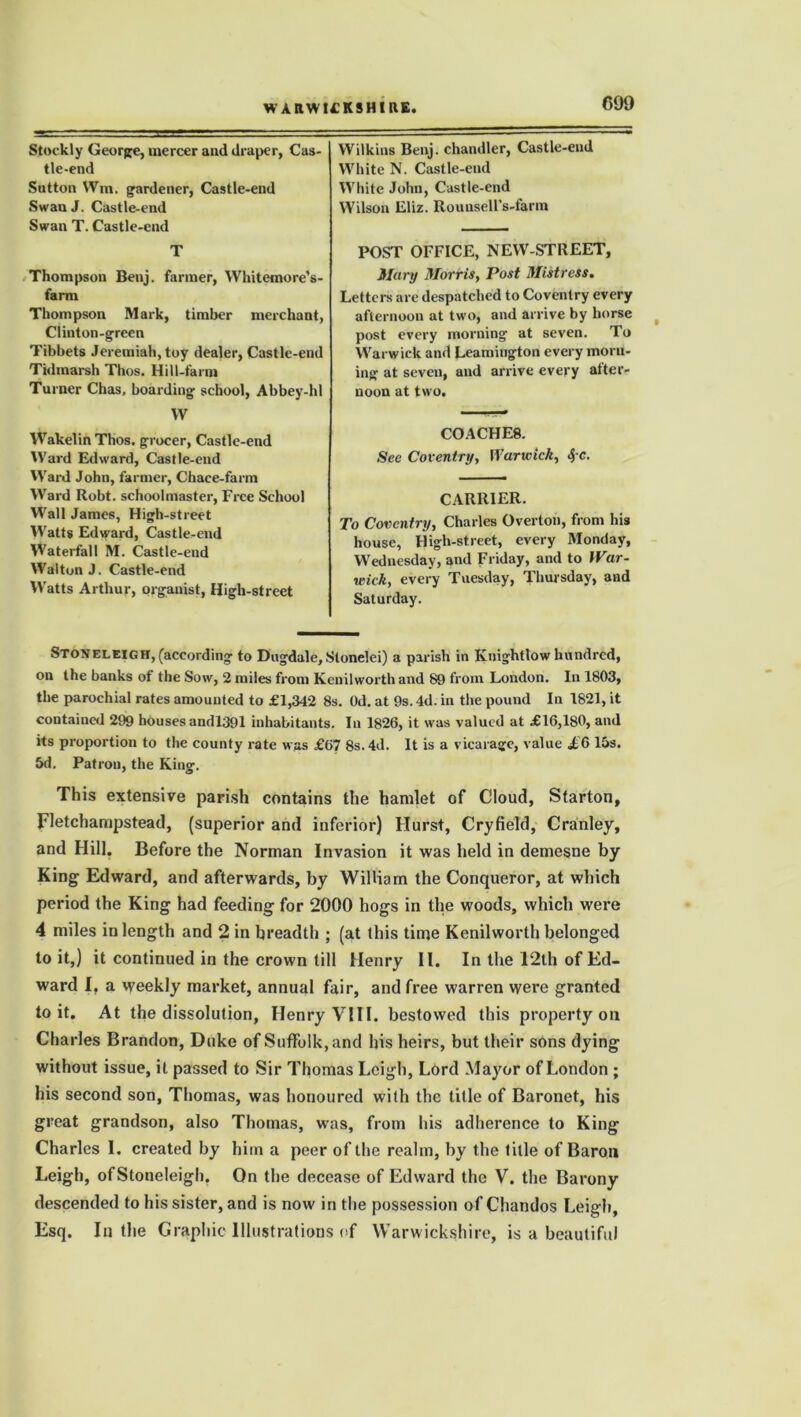 C99 Stockly George, mercer and draper, Cas- tle-end Sutton Wm, gardener, Castle-end Swan J. Castle-end Swan T. Castle-end T Thompson Benj. farmer, Whitemore’s- farm Thompson Mark, timber merchant, Clinton-green Tibbets Jeremiah, toy dealer, Castle-end Tidmarsh Thos. Hill-farm Turner Chas, boarding school, Abbey-hl W Wakelin Thos. grocer, Castle-end Ward Edward, Castle-end Ward John, farmer, Chaee-farm Ward Robt. schoolmaster, Free School Wall James, High-street Watts Edward, Castle-end Waterfall M. Castle-end Walton J. Castle-end Watts Arthur, organist, High-street Wilkins Benj. chandler, Castle-end White N. Castle-end White John, Castle-end Wilson Eliz. Rounsell’s-farm POST OFFICE, NEW-STREET, Mary Morris, Post Mistress. Letters are despatched to Coventry every afternoon at two, and arrive by horse post every morning at seven. To Warwick and Leamington every morn- ing at seven, and arrive every after- noon at two. COACHES. See Coventry, Warwick, CARRIER. To Coventry, Charles Overtoil, from his house. High-street, every Monday, Wednesday, and Friday, and to War- wick, every Tuesday, Thursday, and Saturday. Stoneleigh, (according to Dugdale,Stonelei) a parish in Knightlow hundred, on the banks of the Sow, 2 miles from Kenilworth and 89 from London. In 1803, the parochial rates amounted to £1,342 8s. Od. at 9s. 4d. in the pound In 1821, it contained 299 houses andl39l inhabitants. In 1826, it was valued at £16,180, and its proportion to the county rate was £67 8s. 4d. It is a vicarage, value £6 15s. 5d. Patron, the King. This extensive parish contains the hamlet of Cloud, Starton, Fletchampstead, (superior and inferior) Hurst, Cryfield, Cranley, and Hill. Before the Norman Invasion it was held in demesne by King Edward, and afterwards, by William the Conqueror, at which period the King had feeding for 2000 hogs in the woods, which were 4 miles in length and 2 in breadth ; (at this time Kenilworth belonged to it,) it continued in the crown till Henry II. In the 12th of Ed- ward I, a weekly market, annual fair, and free warren were granted to it. At the dissolution, Henry VIII. bestowed this property oil Charles Brandon, Duke of Suffolk, and his heirs, but their sons dying without issue, it passed to Sir Thomas Leigh, Lord Mayor of London ; his second son, Thomas, was honoured with the title of Baronet, his great grandson, also Thomas, was, from his adherence to King Charles I. created by him a peer of the realm, by the title of Baron Leigh, ofStoneleigh. On the decease of Edward the V. the Barony descended to his sister, and is now in the possession of Chandos Leigh, Esq. In the Graphic Illustrations of Warwickshire, is a beautiful