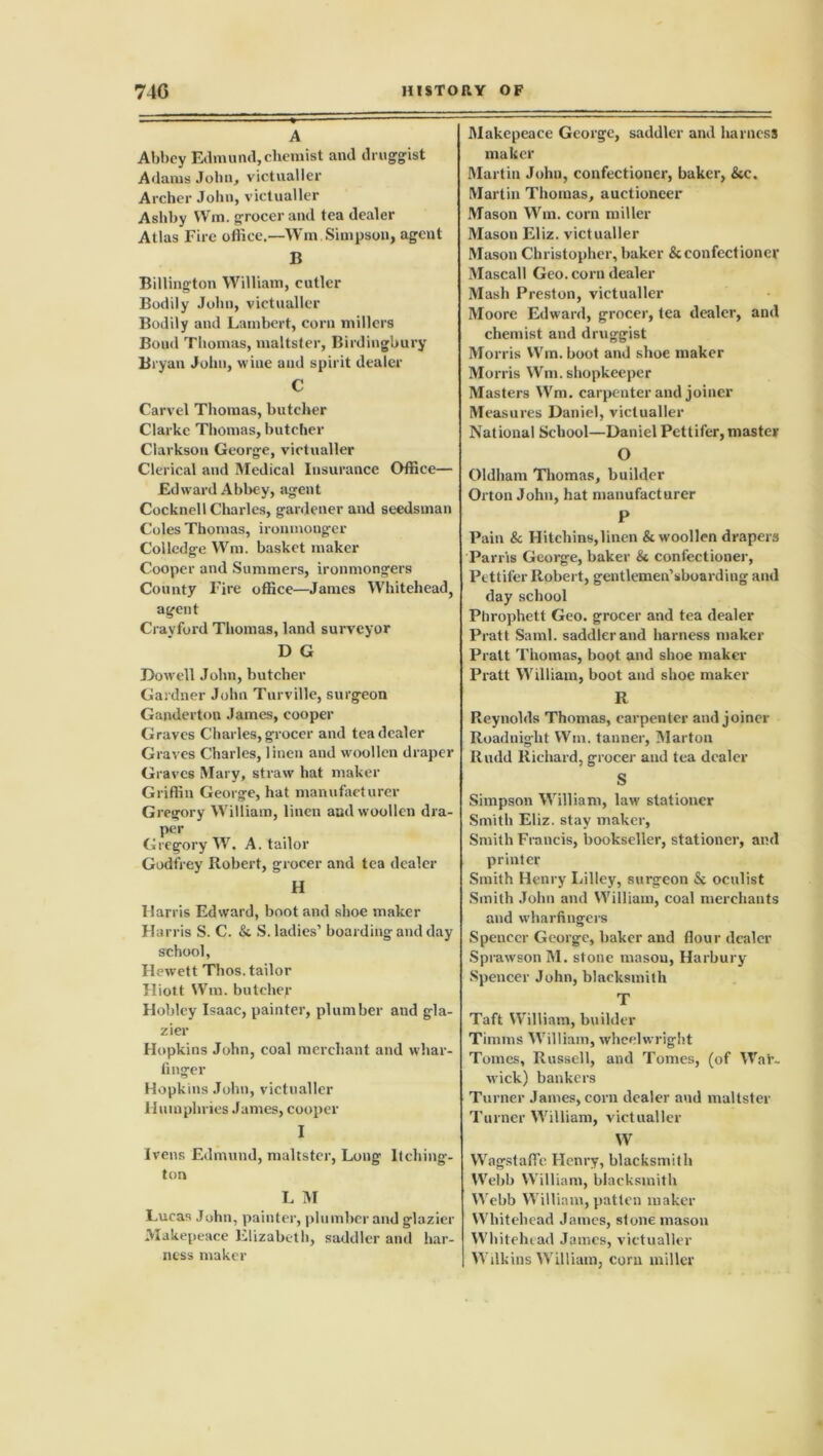 A Abbey Edmund,chemist and druggist Adams John, victualler Archer John, victualler Ashby Wm. grocer and tea dealer Atlas Fire office.—Wm.Simpson, agent B Billington William, cutler Bodily John, victualler Bodily and Lambert, corn millers Bond Thomas, maltster, Birdingbury Bryan John, wine and spirit dealer C Carvel Thomas, butcher Clarke Thomas, butcher Clarkson George, victualler Clerical and Medical Insurance Office— Edward Abbey, agent Cocknell Charles, gardener and seedsman Coles Thomas, ironmonger Col ledge Wm. basket maker Cooper and Summers, ironmongers County Eire office—James Whitehead, agent Crayford Thomas, land surveyor D G Dowell John, butcher Gardner John Turville, surgeon Ganderton James, cooper Graves Charles, grocer and tea dealer Graves Charles, linen and woollen draper Graves Mary, straw hat maker Griffin George, hat manufacturer Gregory William, linen and woollen dra- per Gregory W. A. tailor Godfrey Robert, grocer and tea dealer H Harris Edward, boot and shoe maker Harris S. C. & S. ladies’ boarding and day school, Hewett Thos. tailor Tliott Wm. butcher Hobley Isaac, painter, plumber and gla- zier Hopkins John, coal merchant and whar- finger Hopkins John, victualler Humphries James, cooper I Ivens Edmund, maltster, Long Itching- ton L M Lucas John, painter, plumber and glazier Makepeace Elizabeth, saddler and har- ness maker Makepeace George, saddler and harness maker Martin John, confectioner, baker, &c. Martin Thomas, auctioneer Mason Wm. corn miller Mason Eliz. victualler Mason Christopher, baker & confect ioner Mascall Geo. corn dealer Mash Preston, victualler Moore Edward, grocer, tea dealer, and chemist and druggist Morris Wm. boot and shoe maker Morris Wm. shopkeeper Masters Wm. carpenter and joiner Measures Daniel, victualler National School—Daniel Pettifer, master O Oldham Thomas, builder Orton John, hat manufacturer P Pain & Hitchins,linen & woollen drapers Parris George, baker & confectioner, Pettifer Robert, gentlemen’sboarding and day school Phrophett Geo. grocer and tea dealer Pratt Sami, saddler and harness maker Pratt Thomas, boot and shoe maker Pratt William, boot and shoe maker R Reynolds Thomas, carpenter and joiner Roadniglit Wm. tanner, Marton Rndd Richard, grocer and tea dealer S Simpson William, law stationer Smith Eliz. stay maker, Smith Francis, bookseller, stationer, and printer Smith Henry Lilley, surgeon & oculist Smith John and William, coal merchants and wharfingers Spencer George, baker and flour dealer Sprawson M. stone mason, Harbury Spencer John, blacksmith T Taft William, builder Timms William, wheelwright Tomes, Russell, and Tomes, (of War- wick) bankers Turner James, corn dealer and maltster Turner William, victualler IV Wagstafie Henry, blacksmith Webb William, blacksmith Webb William, patten maker Whitehead James, stone mason Whitehead James, victualler Wilkins William, corn miller