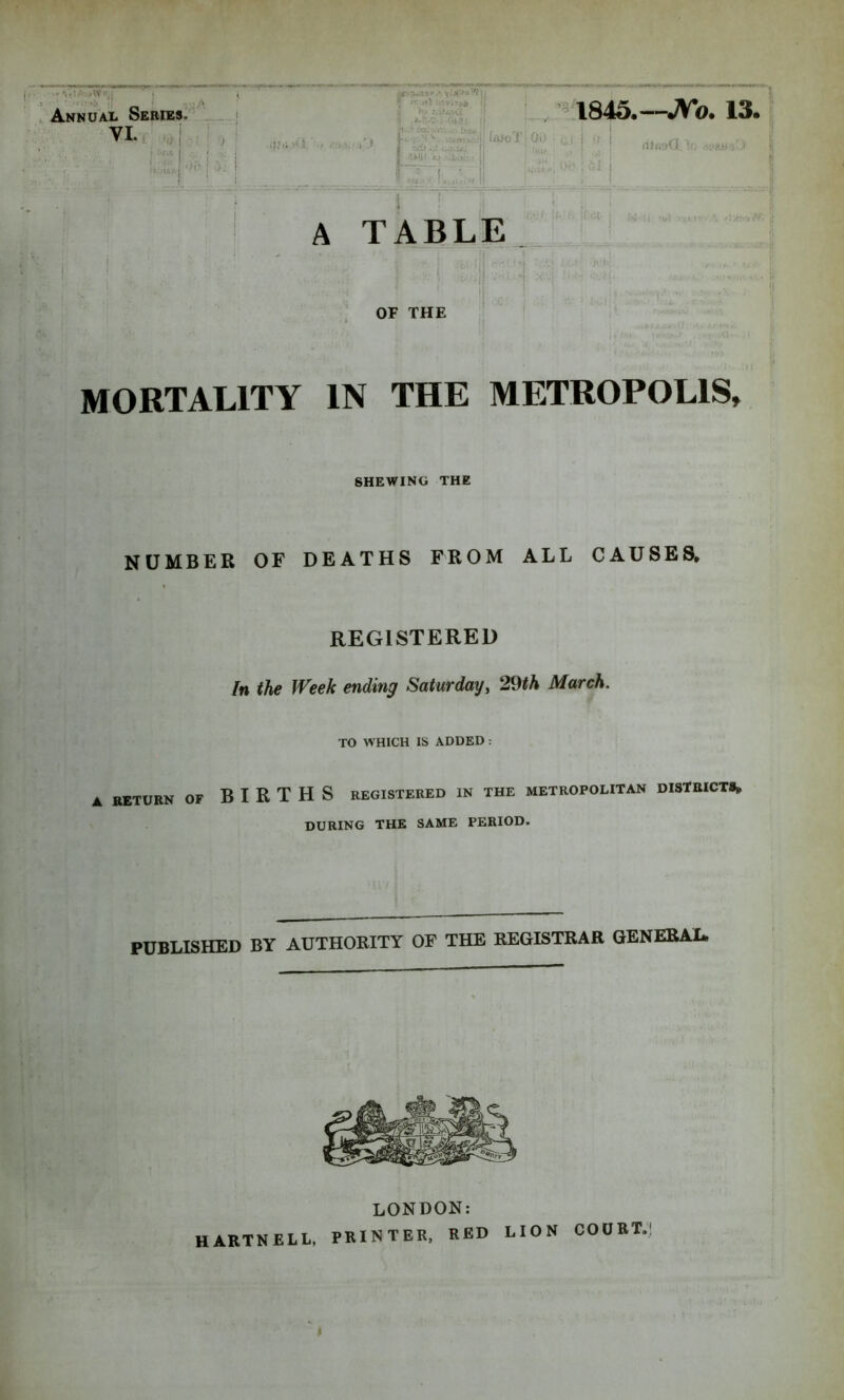 ■ ..TVr^j * Annual Series: VI.f i i j j ^ >•' i ^ ■ I rr h 1 )i h> r. i>«-.u ** v-:;4* . I •- - ;j ’ ,co: ,.-. .. tu^;; . , * .. : :! [jiJO J. : 0i> 1845.—JVo. 13. r'' I ^ ■■ A TABLE l! ■» t OF THE MORTALITY IN THE METROPOLIS, SHEWING THE NUMBER OF DEATHS FROM ALL CAUSES, REGISTERED In the Week ending Saturdayy 2^th March. f TO WHICH IS ADDED : A RETURN OF BIRTHS REGISTERED IN THE METROPOLITAN DISTRICTS, DURING THE SAME PERIOD. PUBLISHED BY AUTHORITY OF THE REGISTRAR GENERAI* LONDON;