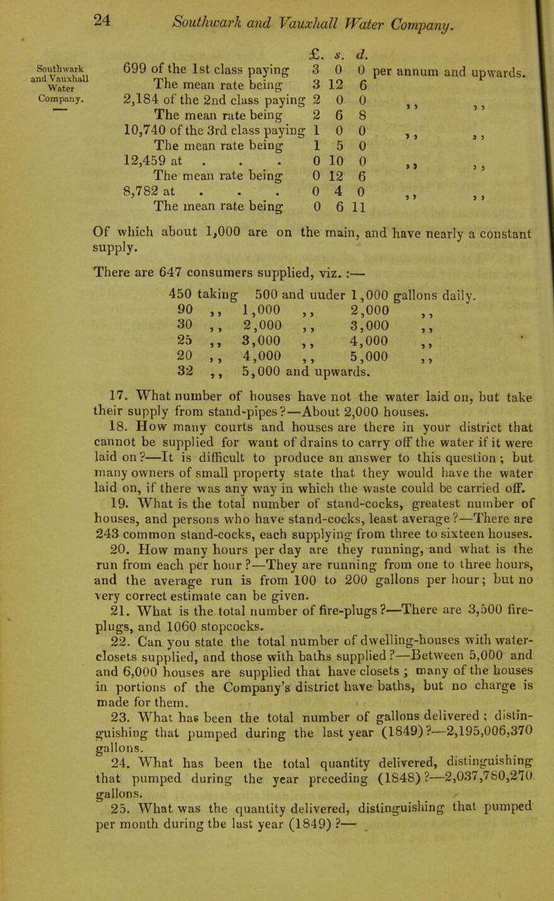 Southwark and Vauxliall Water Company. Southwark and Vauxliall Water Company. £. s. d. 699 of the 1st class paying 3 0 0 per annum and upwards. The mean rate being 3 12 6 2,184 of the 2nd class paying 2 0 0 The mean rate being 2 6 8 10,740 of the 3rd class paying 1 0 0 The mean rate being 1 5 0 12,459 at . 0 10 o »> The mean rate being 0 12 6 8,782 at 0 4 0 ,, ,, The mean rate being 0 6 11 Of which about 1,000 are on the main, and have nearly a constant supply. There are 647 consumers supplied, viz. :— 450 taking 500 and uuder 1,000 gallons daily. 90 ,, 1,000 ,, 2,000 9 9 30 ,, 2,000 ,, 3,000 9 9 25 ,, 3,000 ,, 4,000 5 9 20 ,, 4,000 ,, 5,000 9 9 32 ,, 5,000 and upwards. 17. What number of houses have not the water laid on, but take their supply from stand-pipes?—About 2,000 houses. 18. How many courts and houses are there in your district that cannot be supplied for want of drains to carry off the water if it were laid on?—It is difficult to produce an answer to this question ; but many owners of small property state that they would have the water laid on, if there was any way in which the waste could be carried off. 19. What is the total number of stand-cocks, greatest number of houses, and persons who have stand-cocks, least average?—There are 243 common stand-cocks, each supplying from three to sixteen houses. 20. How many hours per day are they running, and what is the run from each per hour ?—They are running from one to three hours, and the average run is from 100 to 200 gallons per hour; but no very correct estimate can be given. 21. What is the total number of fire-plugs?—There are 3,500 fire- plugs, and 1060 stopcocks. 22. Can you state the total number of dwelling-houses with water- closets supplied, and those with baths supplied ?—Between 5,000 and and 6,000 houses are supplied that have closets ; many of the houses in portions of the Company’s district have baths, but no charge is made for them. 23. What hae been the total number of gallons delivered ; distin- guishing that pumped during the last year (1849)?—2,195,006,370 gallons. 24. What has been the total quantity delivered, distinguishing that pumped during the year preceding (1S48)?—2,037,780,270 gallons. 25. What was the quantity delivered, distinguishing that pumped per month during the last year (1849) ?—