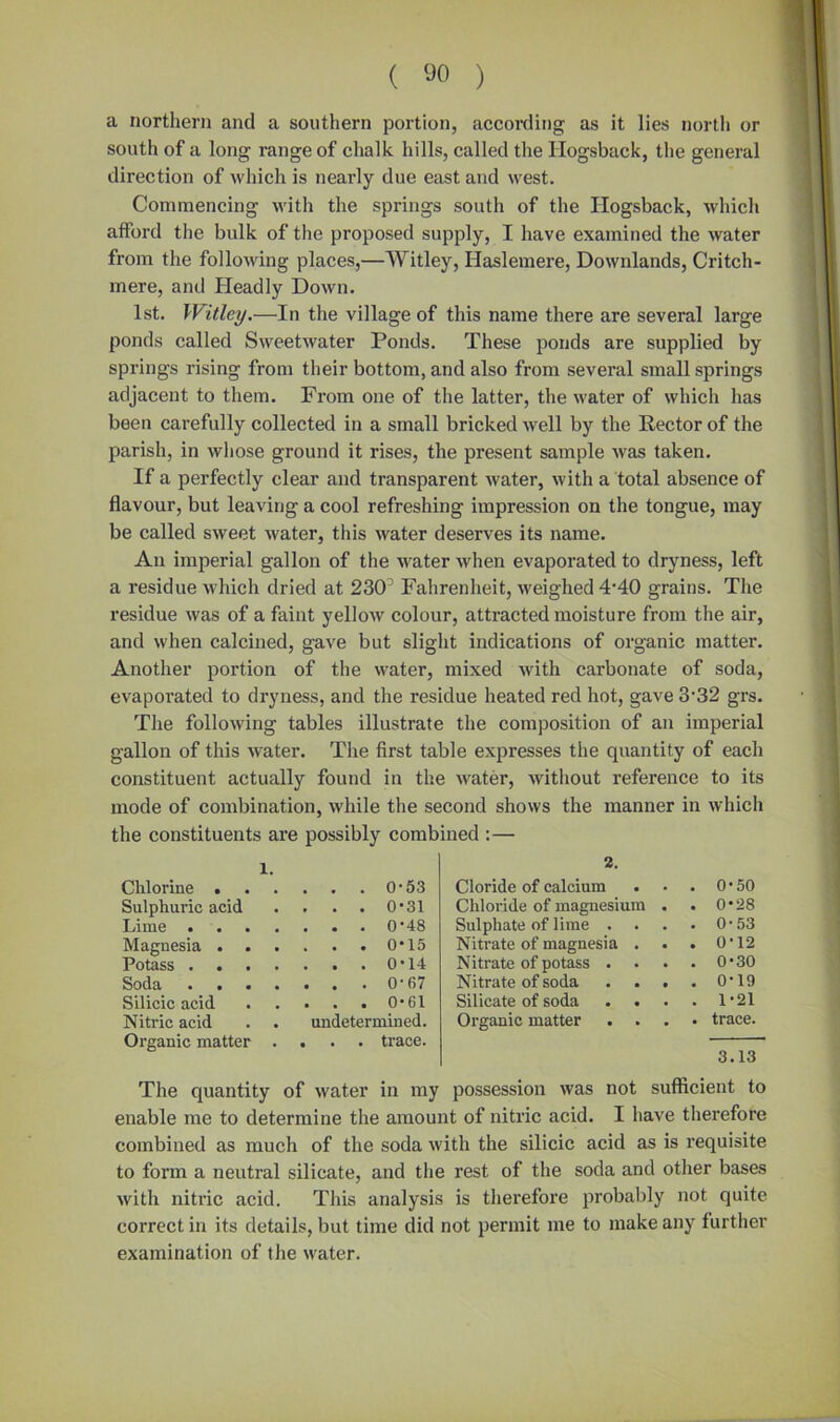 a northern and a southern portion, according as it lies north or south of a long range of chalk hills, called the Hogsback, the general direction of which is nearly due east and west. Commencing with the springs south of the Hogsback, which afford the bulk of the proposed supply, I have examined the water from the following places,—Witley, Haslemere, Downlands, Critch- mere, and Headly Down. 1st. Witley.—In the village of this name there are several large ponds called Sweetwater Ponds. These ponds are supplied by springs rising from their bottom, and also from several small springs adjacent to them. From one of the latter, the water of which has been carefully collected in a small bricked well by the Rector of the parish, in whose ground it rises, the present sample was taken. If a perfectly clear and transparent water, with a total absence of flavour, but leaving a cool refreshing impression on the tongue, may be called sweet water, this water deserves its name. An imperial gallon of the water when evaporated to dryness, left a residue which dried at 230’ Fahrenheit, weighed 4-40 grains. The residue was of a faint yellow colour, attracted moisture from the air, and when calcined, gave but slight indications of organic matter. Another portion of the water, mixed with carbonate of soda, evaporated to dryness, and the residue heated red hot, gave 3-32 grs. The following tables illustrate the composition of an imperial gallon of this water. The first table expresses the quantity of each constituent actually found in the water, without reference to its mode of combination, while the second shows the manner in which the constituents are possibly combined :— 1. Chlorine 0-53 Sulphuric acid . . . . 0*31 Lime 048 Magnesia 0‘15 Potass 0*14 Soda 0-67 Silicic acid 0*61 Nitric acid . . undetermined. Organic matter .... trace. 2. Cloride of calcium . O’50 Chloride of magnesium . . 0*28 Sulphate of lime . . 0-53 Nitrate of magnesia . . 0'12 Nitrate of potass . . 0-30 Nitrate of soda . . . . 0-19 Silicate of soda . . . 1-21 Organic matter . trace. 3.13 The quantity of water in my possession was not sufficient to enable me to determine the amount of nitric acid. I have therefore combined as much of the soda with the silicic acid as is requisite to form a neutral silicate, and tiie rest of the soda and other bases with nitric acid. This analysis is therefore probably not quite correct in its details, but time did not permit me to make any further examination of the water.