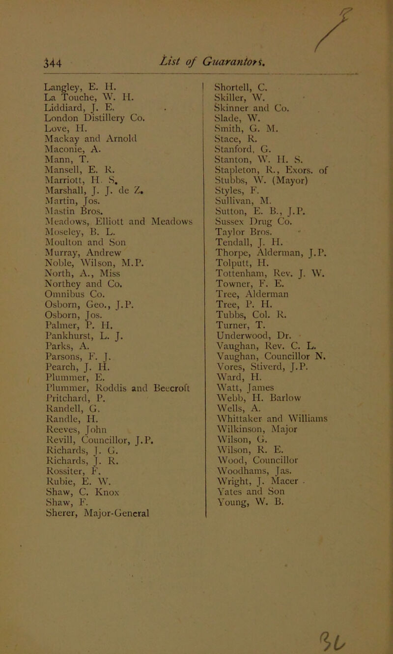 Langley, E. H. La Touche, W. H. Liddiard, J. E. London Distillery Co. Love, H. Mackay and Arnold Maconie, A. Mann, T. Mansell, E. B. Marriott, H. S. Marshall, J. J. de Z. Martin, Jos. Mastin Bros. Meadows, Elliott and Meadows Moseley, B. L. Moulton and Son Murray, Andrew Noble, Wilson, M.P. North, A., Miss Northey and Co. Omnibus Co. Osborn, Geo., J.P. Osborn, Jos. Palmer, P. PL Pankhurst, L. J. Parks, A. Parsons, F. J. Pearch, J. H. Plummer, E. Plummer, Roddis and Beecroft Pritchard, P. Randell, G. Randle, PI. Reeves, John Revill, Councillor, J.P. Richards, J. G. Richards, j. R. Rossiter, F. Rubie, E. W. Shaw, C. Knox Shaw, F. Sherer, Major-General | Shortell, C. Skiller, W. Skinner and Co. Slade, W. Smith, G. M. Stace, R. Stanford, G. Stanton, W. II. S. Stapleton, R., Exors. of Stubbs, W. (Mayor) Styles, F. Sullivan, M. Sutton, E. B., J.P. Sussex Drug Co. Taylor Bros. Tendall, J. PI. Thorpe, Alderman, J.P. Tolputt, H. Tottenham, Rev. J. W. Towner, F. E. Tree, Alderman Tree, P. PI. Tubbs, Col. R. Turner, T. Underwood, Dr. Vaughan, Rev. C. L. Vaughan, Councillor N. Vores, Stiverd, f. P. Ward, PI. Watt, James Webb, H. Barlow Wells, A. Whittaker and Williams Wilkinson, Major Wilson, G. Wilson, R. E. Wood, Councillor Woodhams, Jas. Wright, J. Macer • Yates and Son Young, W. B.